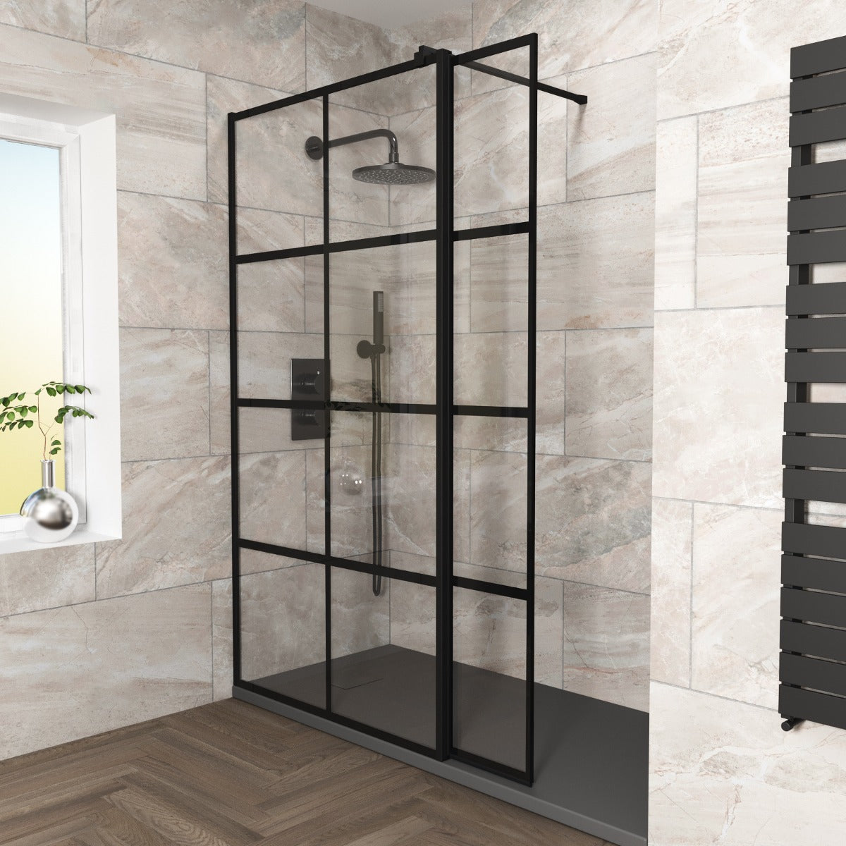 Stanley 800mm Black Grid Framed Walk-In Shower Enclosure & Fixed Flipper Panel