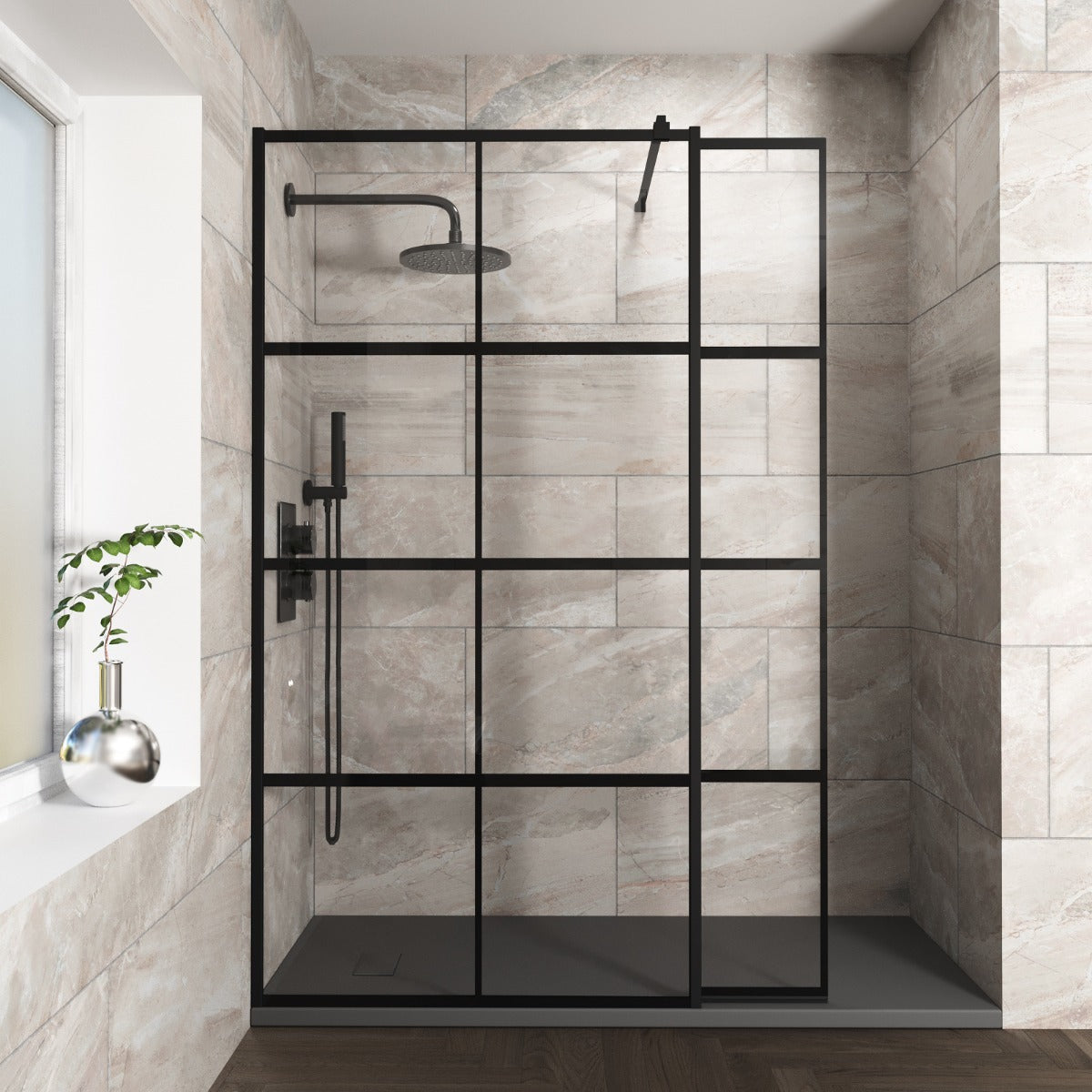 Stanley 800mm Black Grid Framed Walk-In Shower Enclosure & Fixed Flipper Panel