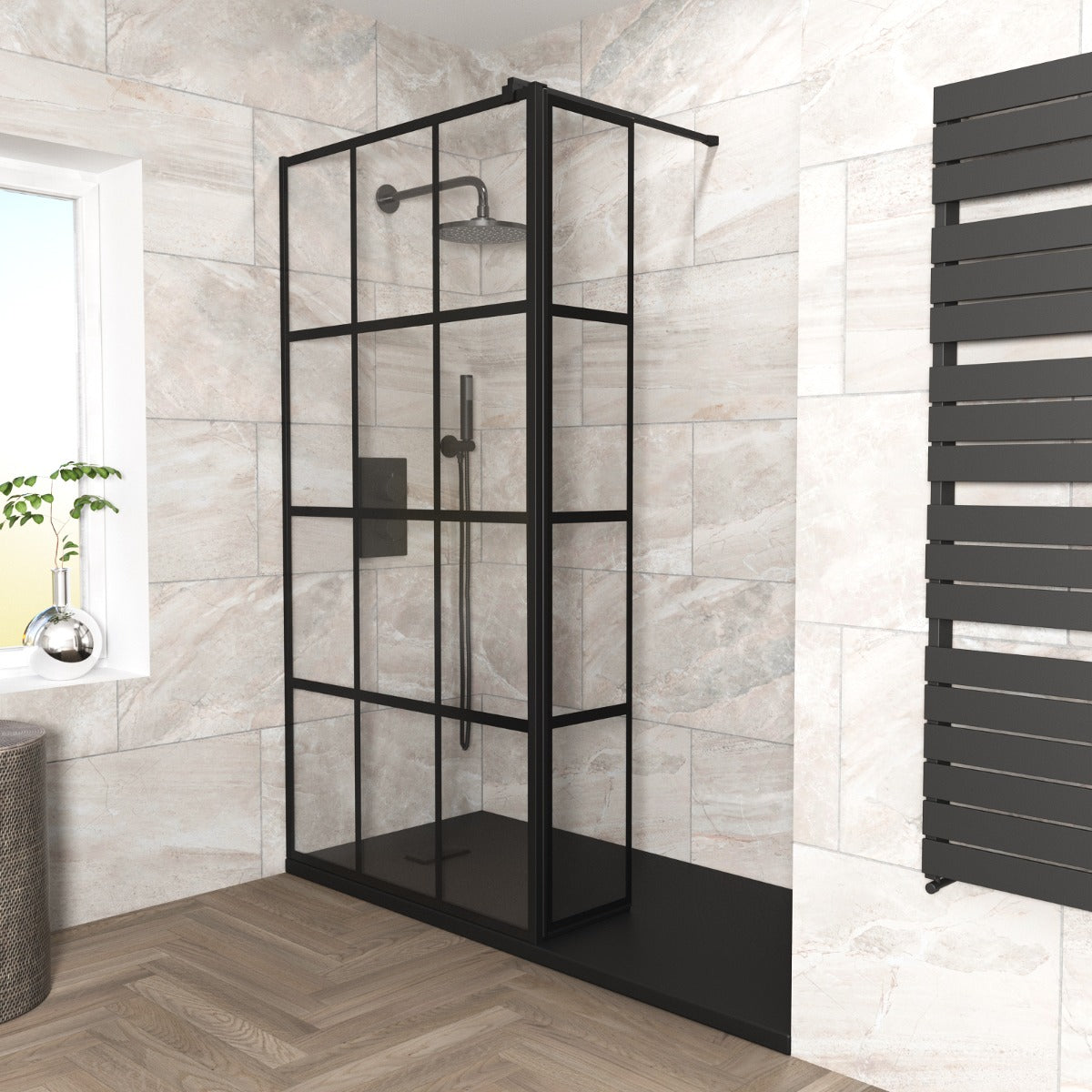 Stanley 1200mm Black Grid Framed Walk-In Shower Enclosure & Fixed Flipper Panel