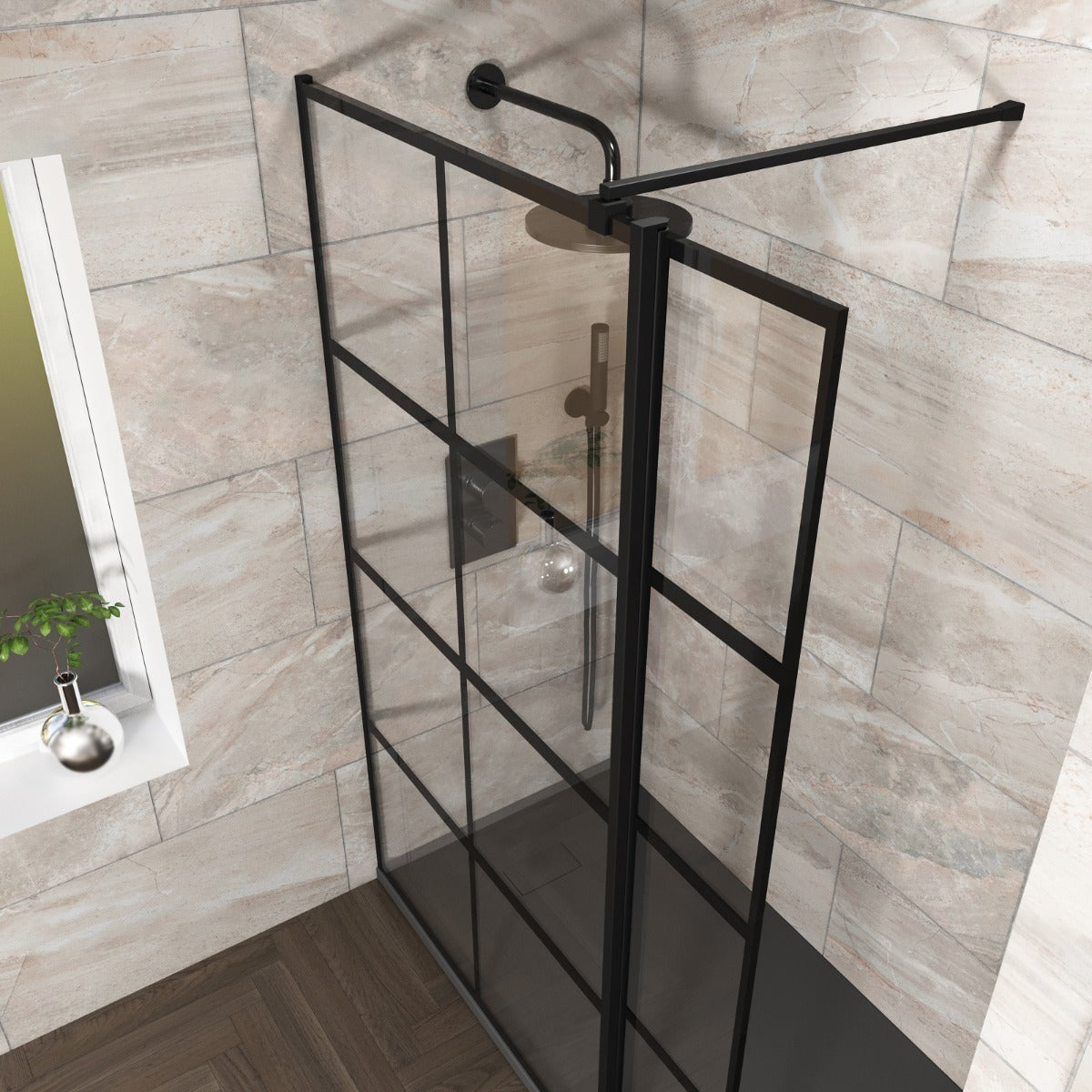 Stanley 800mm Black Grid Framed Walk-In Shower Enclosure & Fixed Flipper Panel