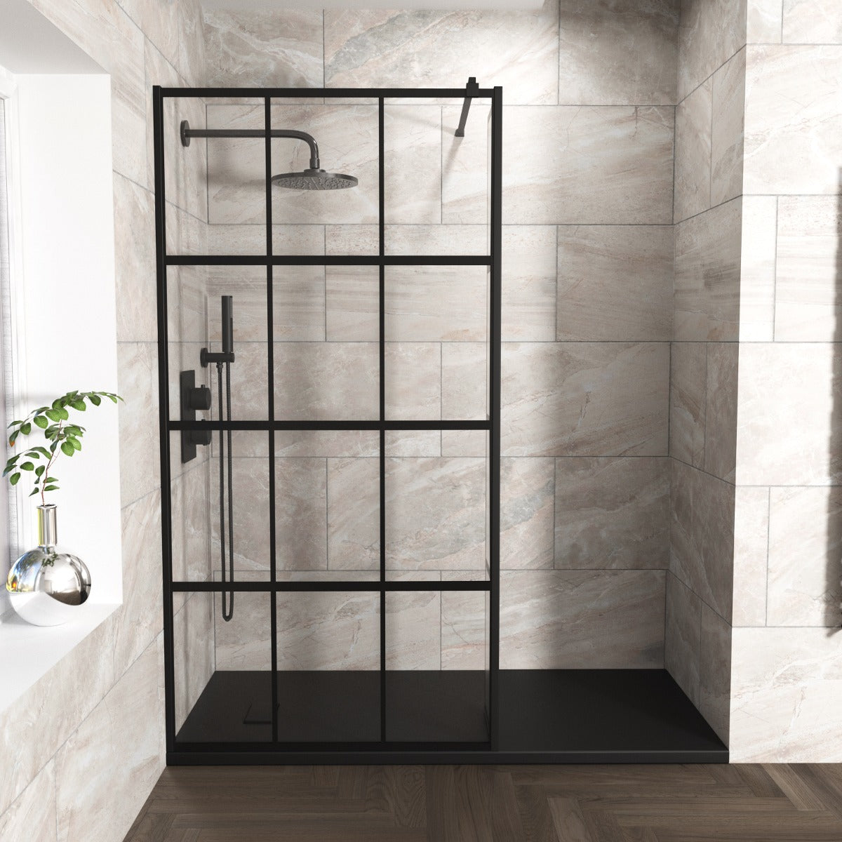 Stanley 1200mm Black Grid Framed Walk-In Shower Enclosure & Fixed Flipper Panel