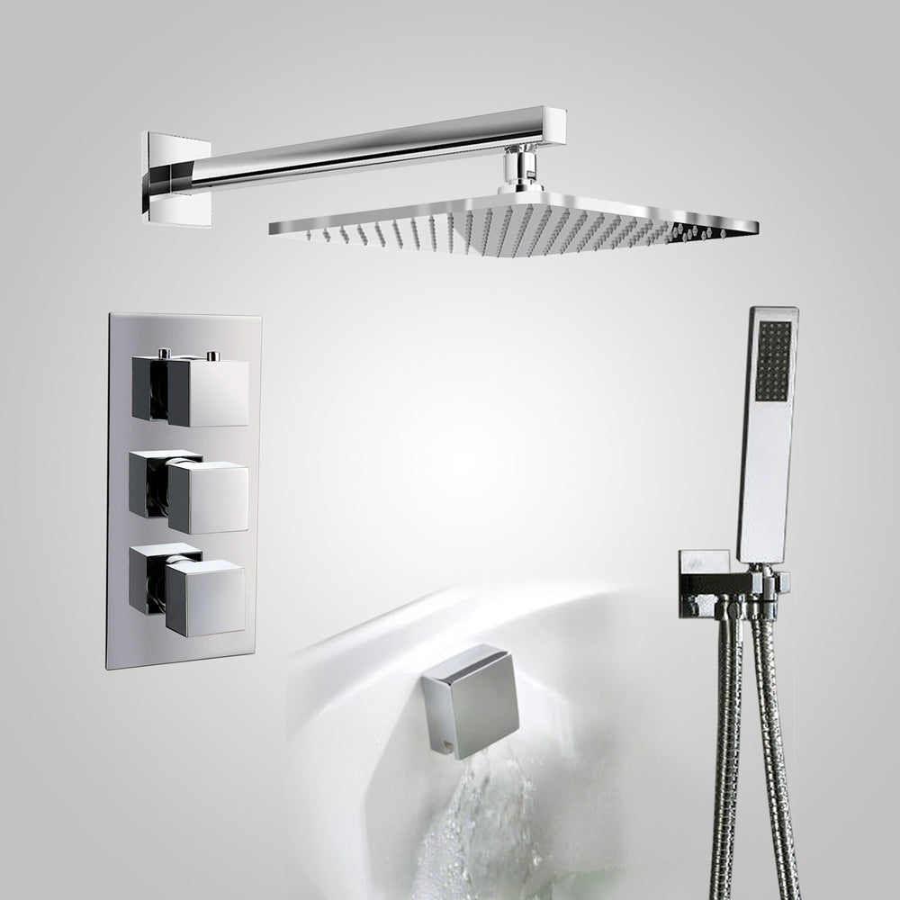 Lilly Chrome 3 Dial 3 Way Square Concealed Thermostatic Mixer Valve, Square Handset, Bath Filler & Shower Head