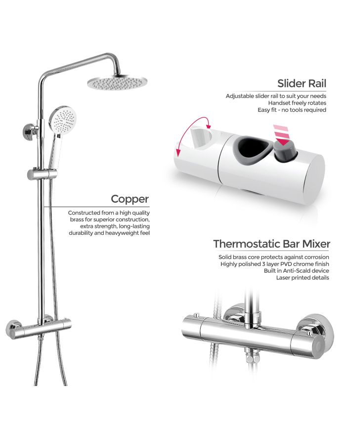 Regent Round Led Thermostatic Bar Valve & Riser Rail Kit with LED Lights