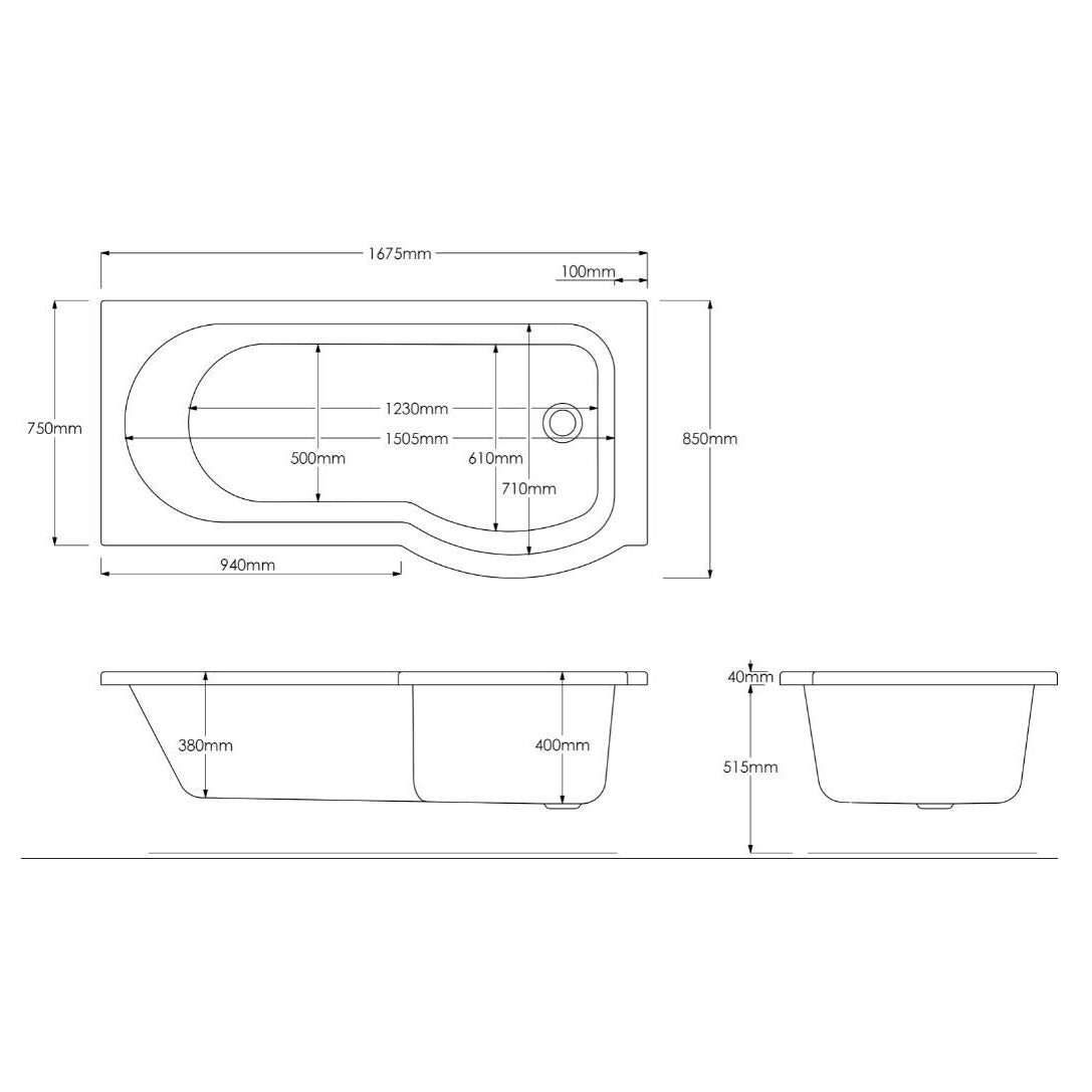 Ellen White P-Shaped Right Handed Bath 550mm Vanity Basin WC Unit and Rimless Toilet Suite