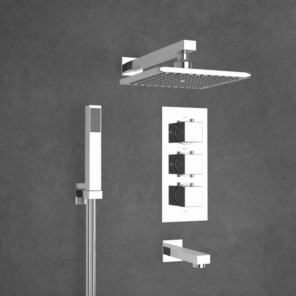 Lilly Chrome 3 Dial 3 Way Square Concealed Thermostatic Mixer Valve Handset Bath Filler & Square Shower Head