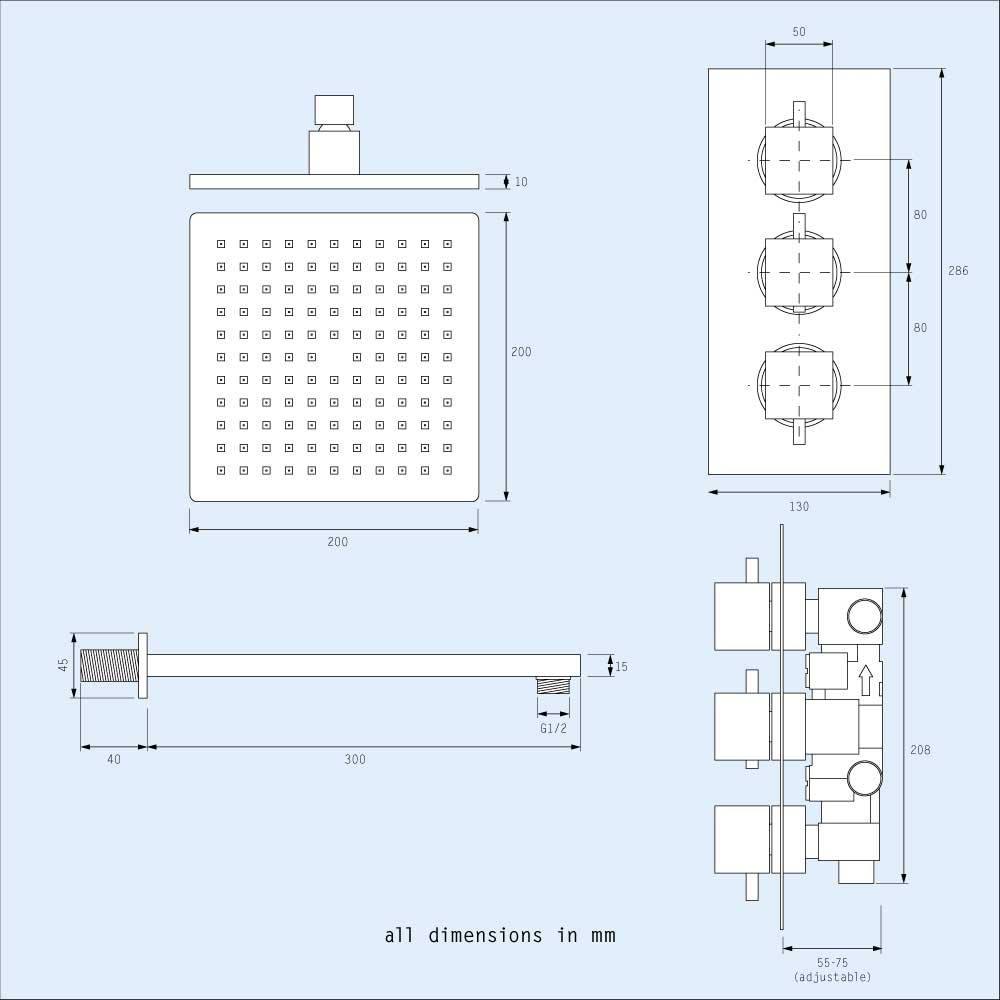 Lilly Chrome 3 Dial 3 Way Square Concealed Thermostatic Mixer Valve, Square Handset, Bath Filler & Shower Head