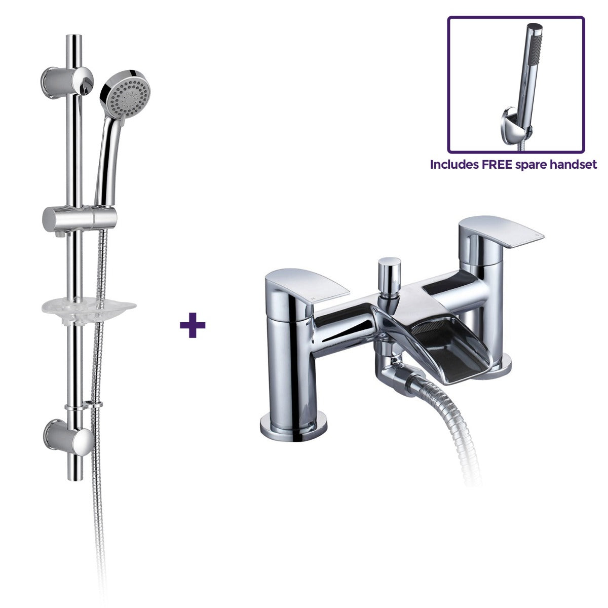 Round Waterfall Bath Filler Shower Mixer with Slider Rail & Handset Kit