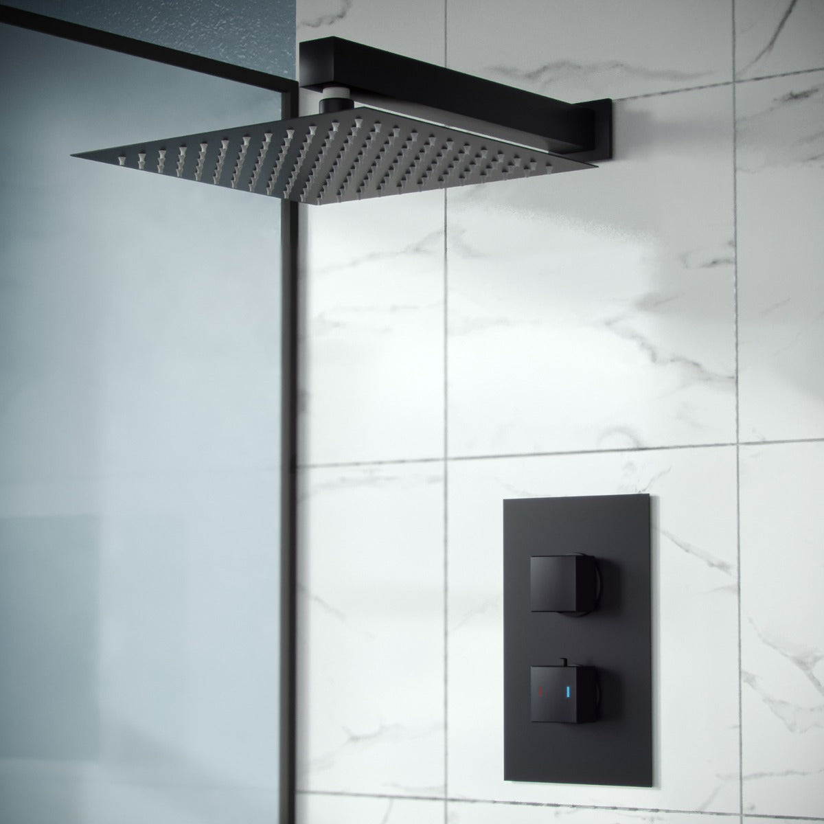 Temel Matte Black Concealed Thermostatic Overhead 200mm Square Rainfall Shower Mixer Set