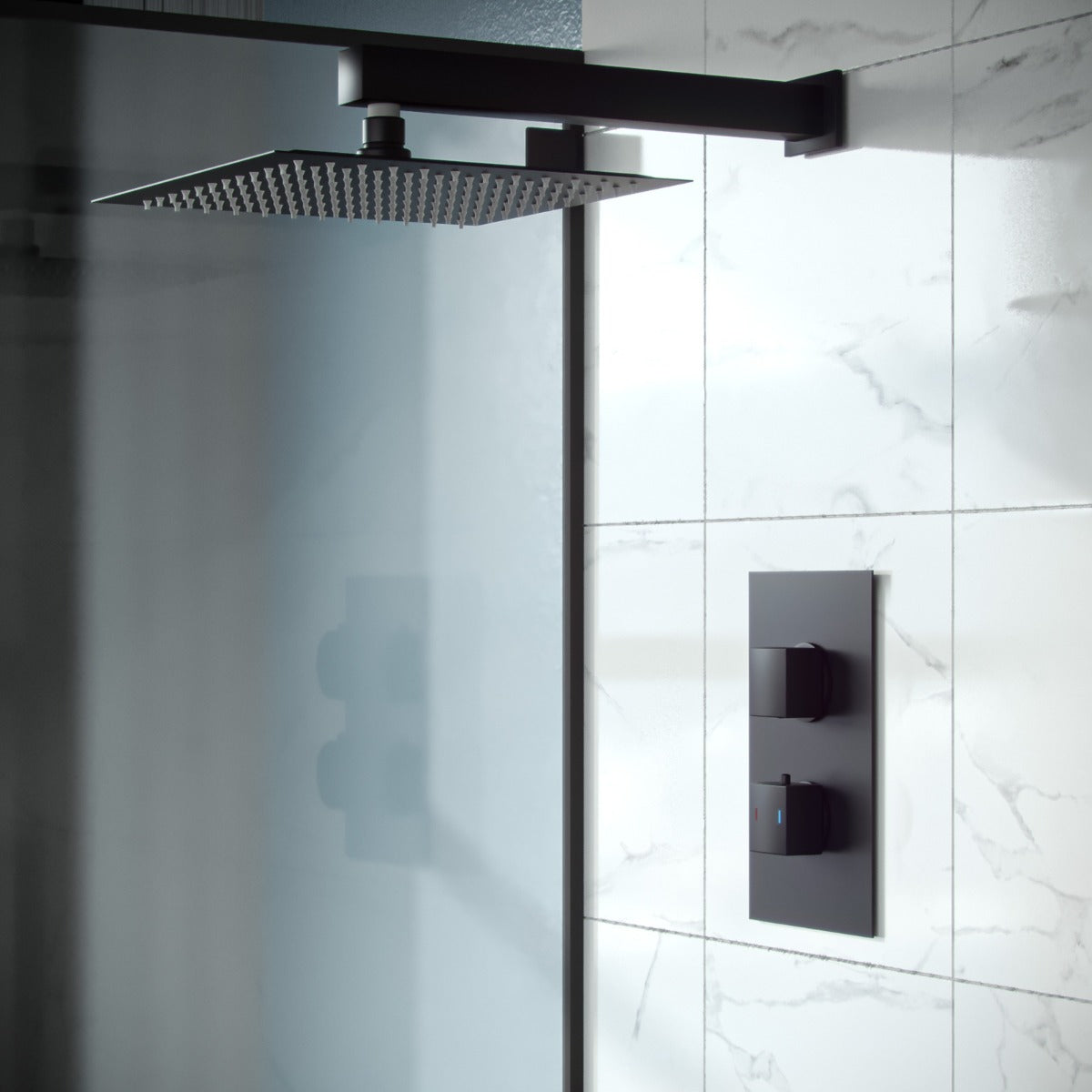 Temel Matte Black Concealed Thermostatic Overhead 200mm Square Rainfall Shower Mixer Set