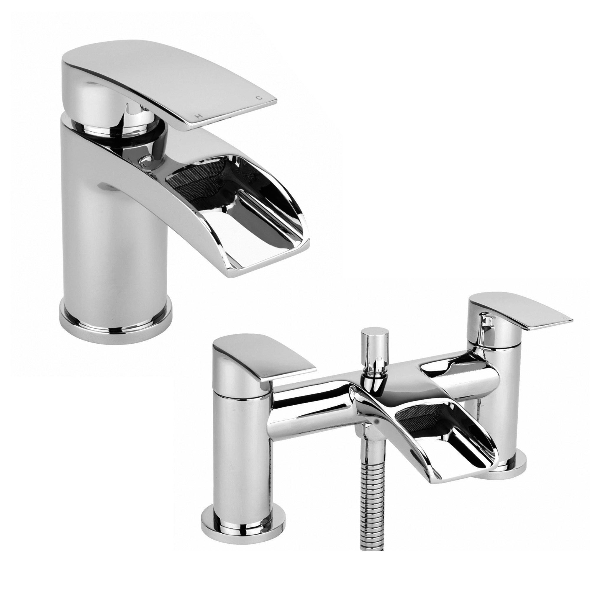 Vago Modern Set Of Waterfall Basin Mono Mixer Tap & Bath Shower Mixer Tap With Handset Kit