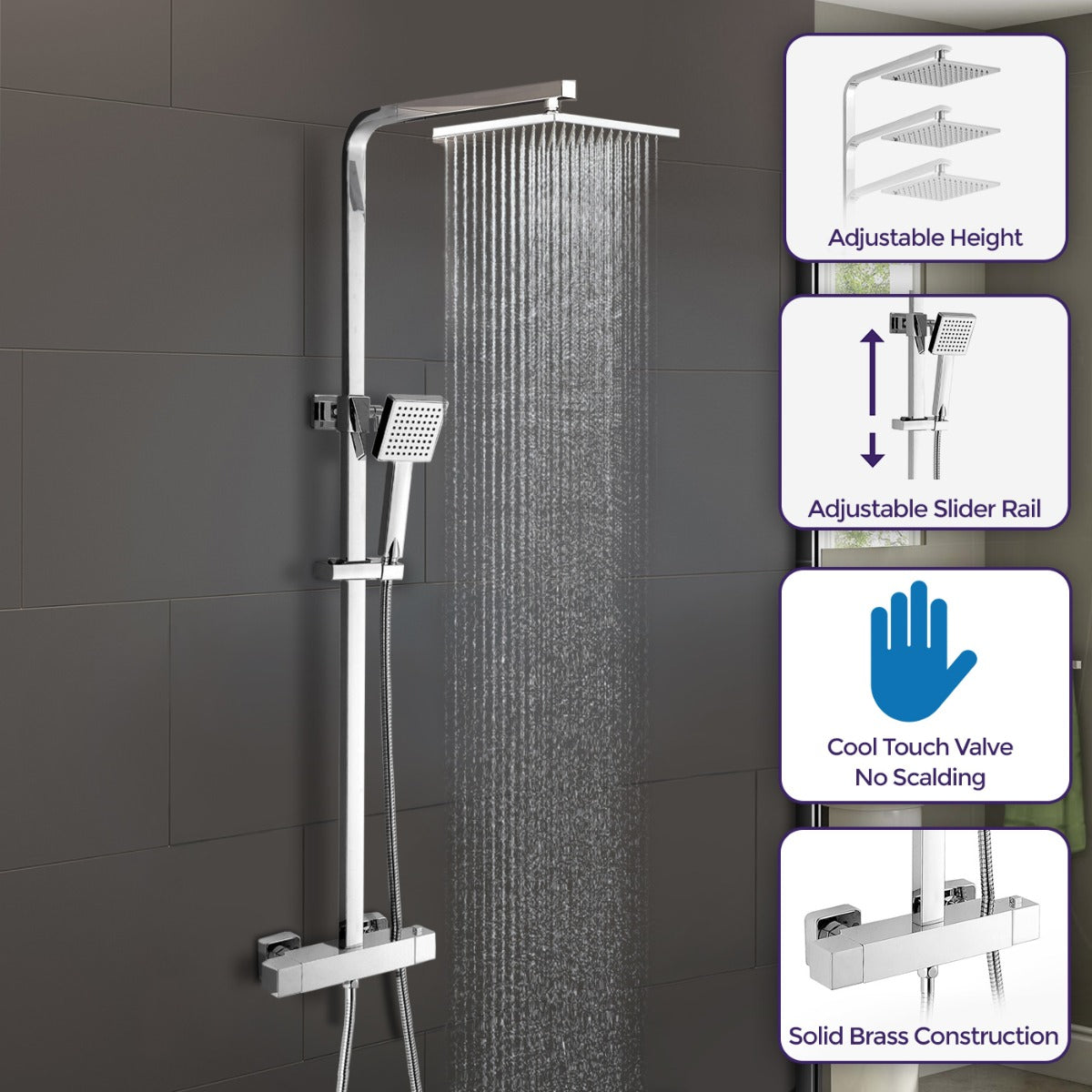 Cool Touch Shower Head with Square Thermostatic Bar Valve & Riser Rail Kit