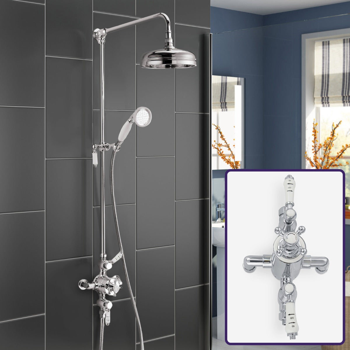 Amelie Traditional 2 Outlet Exposed Shower Thermostatic Shower Bar Mixer Valve & Riser Rail Kit Set