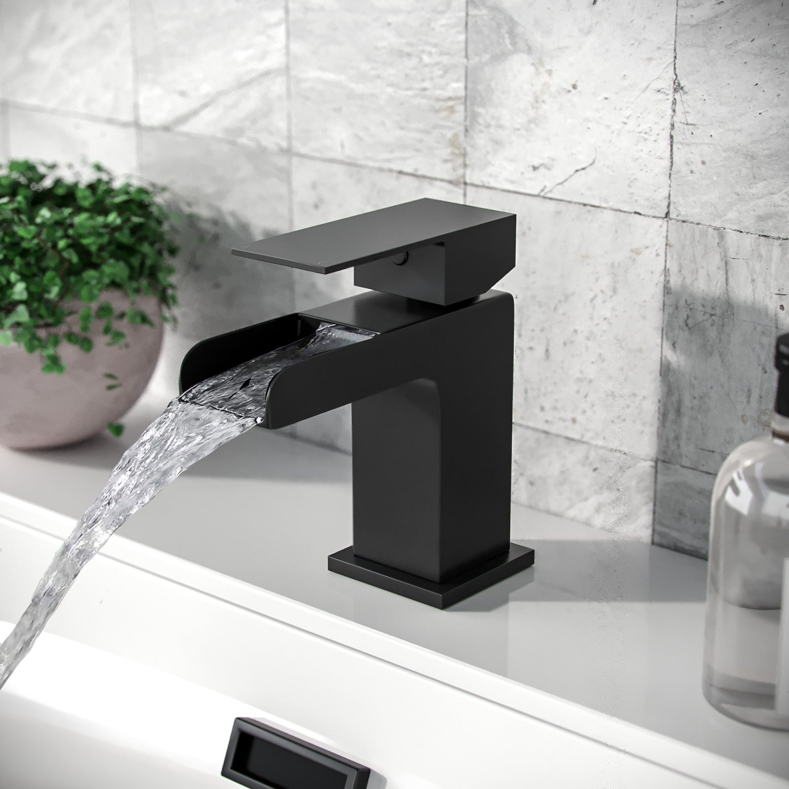 Origin Matte Black Waterfall Basin Mono Tap Bath Filler Handset & Waste