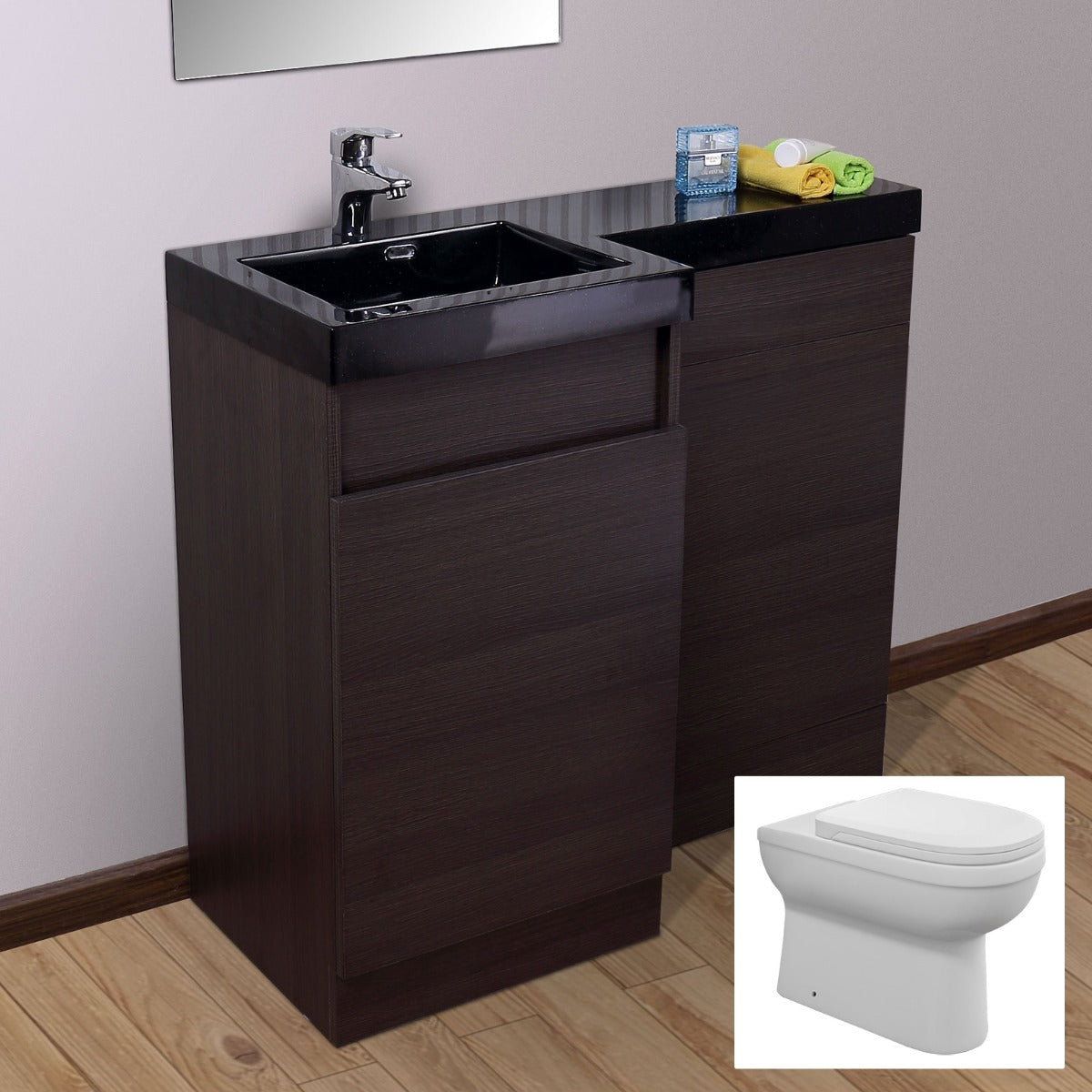 Zurzal 1000mm RH Black Basin Vanity Unit & Welbourne Back To Wall Toilet Oak