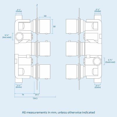 Orta Square 3 Dial 2 Outlet Black Matt Concealed Thermostatic Shower Valve