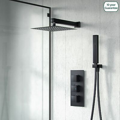 Temel Black Matt Square Shower Head Concealed Thermostatic Mixer Valve and Handheld