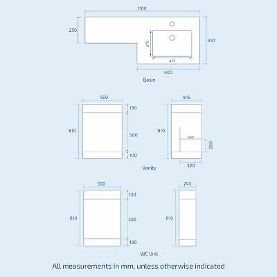 Aric Modern Grey Gloss RH Vanity Cabinet Basin Sink 1100mm and BTW Toilet