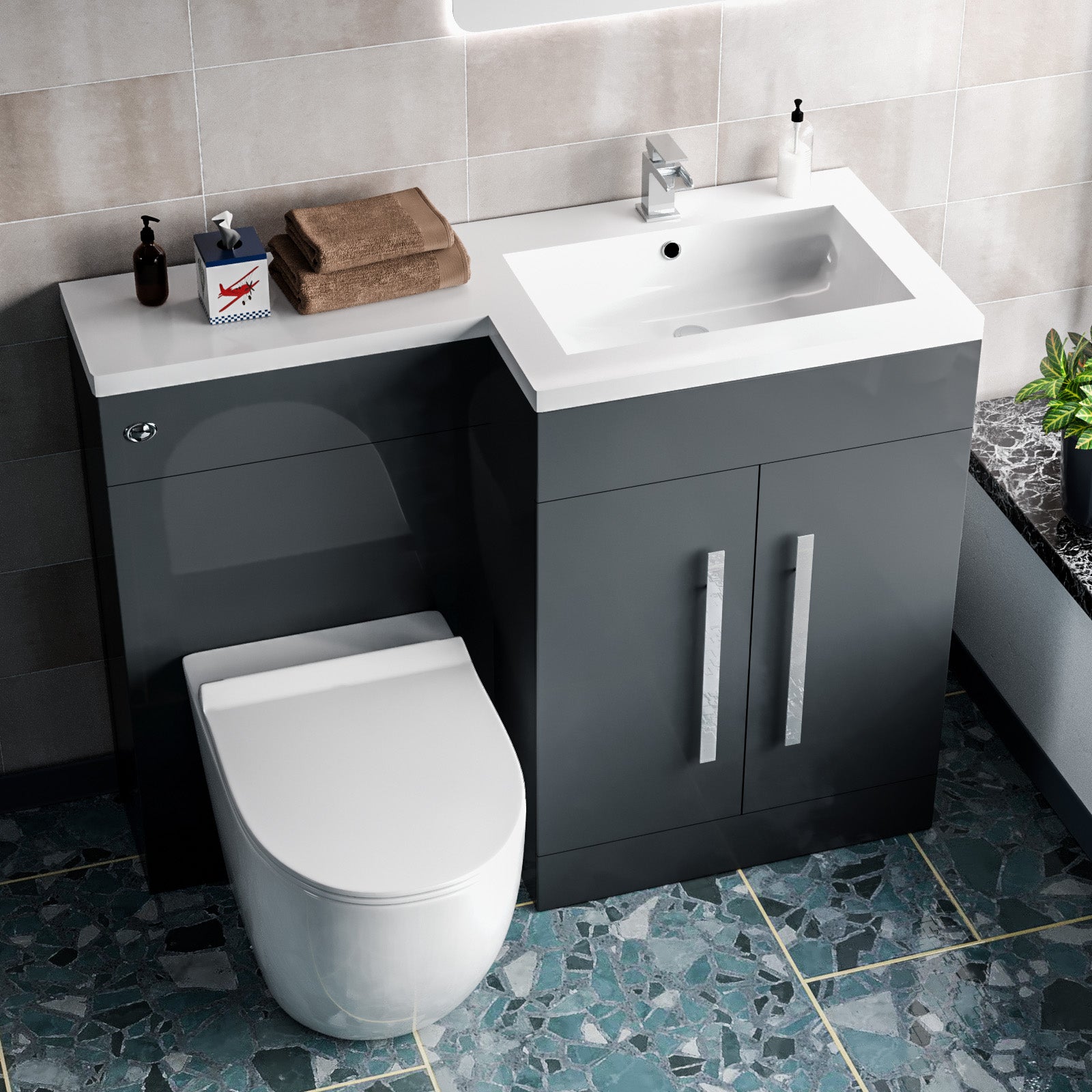 Aric 1100mm Right Hand Side Freestanding Grey Vanity with BTW Toilet, WC and Basin