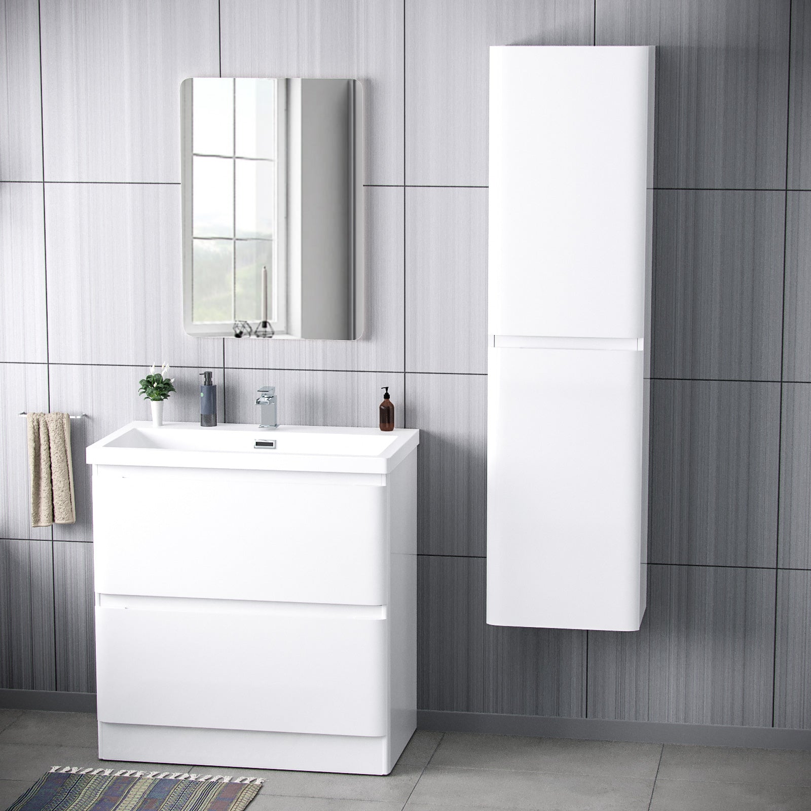 Alaska 800mm Floorstanding Vanity Basin Unit & Modern Tall Wall Hung Cabinet White