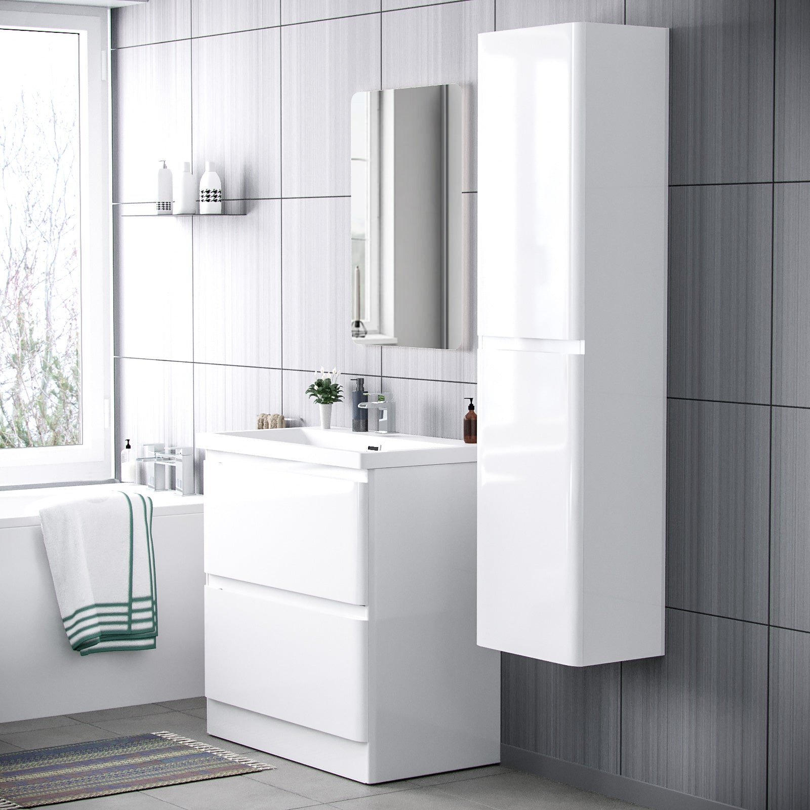 Alaska 800mm Floorstanding Vanity Basin Unit & Modern Tall Wall Hung Cabinet White