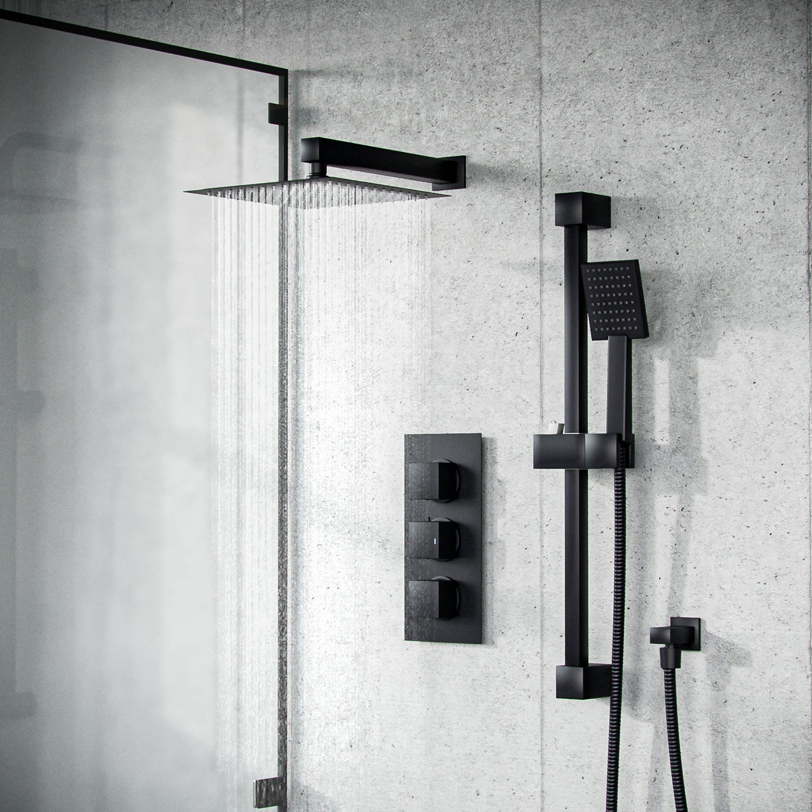 Temel Matt Black Rainfall Shower with Thermostatic Control and Hand Held Kit