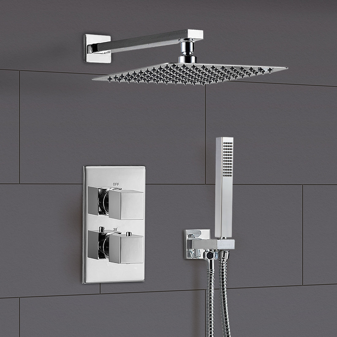Temel Thermostatic Concealed Shower Mixer Bathroom Square Slim Chrome Head Set