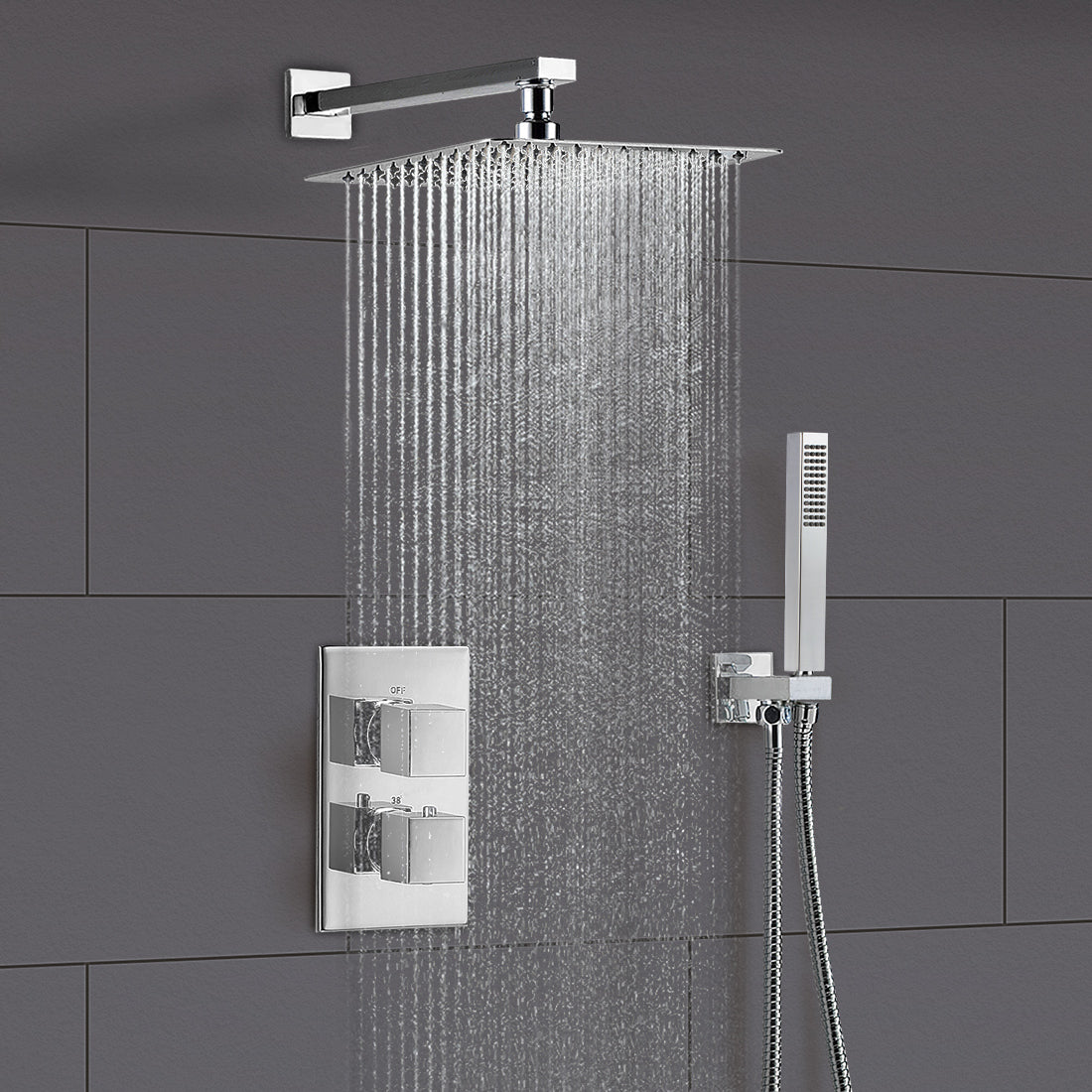 Temel Thermostatic Concealed Shower Mixer Bathroom Square Slim Chrome Head Set