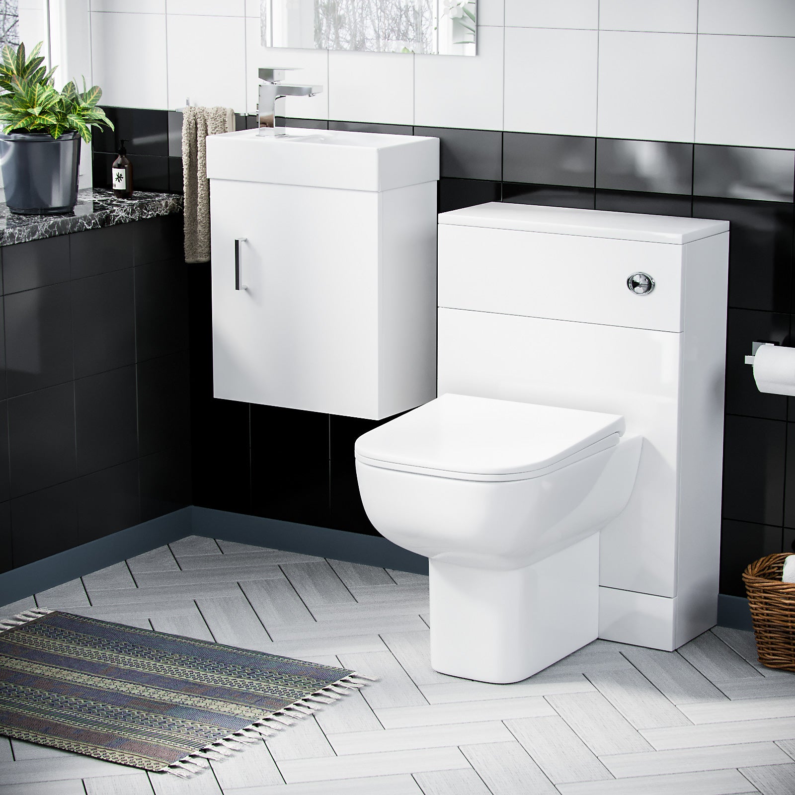 Nanuya 400mm Cloakroom Wall Hung Basin Vanity Unit & Concealed Cistern WC Toilet Pan White