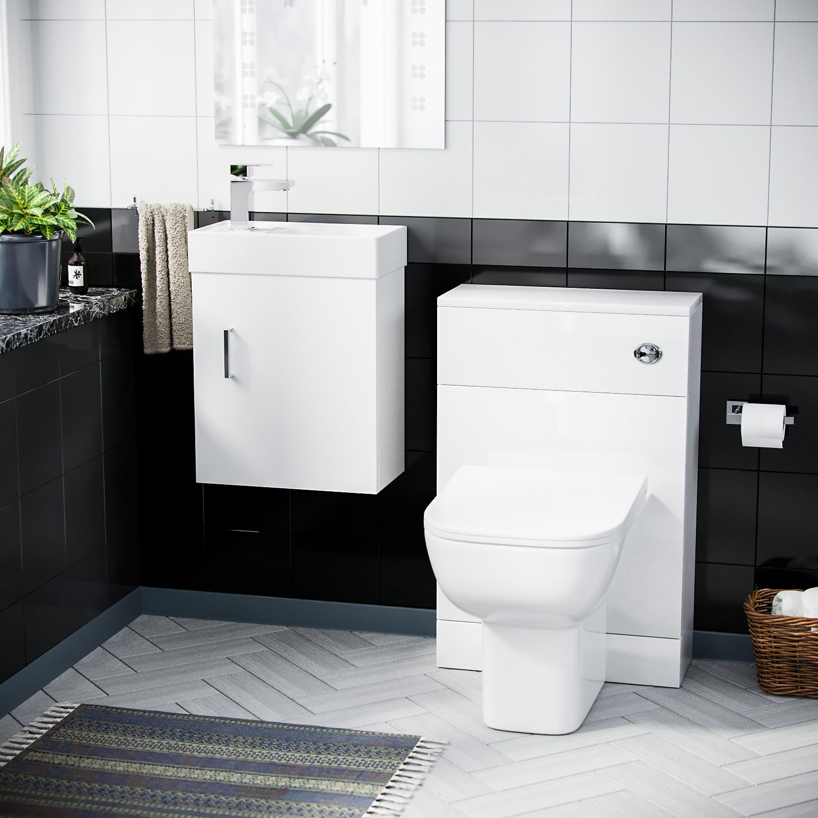 Nanuya 400mm Cloakroom Wall Hung Basin Vanity Unit & Concealed Cistern WC Toilet Pan White
