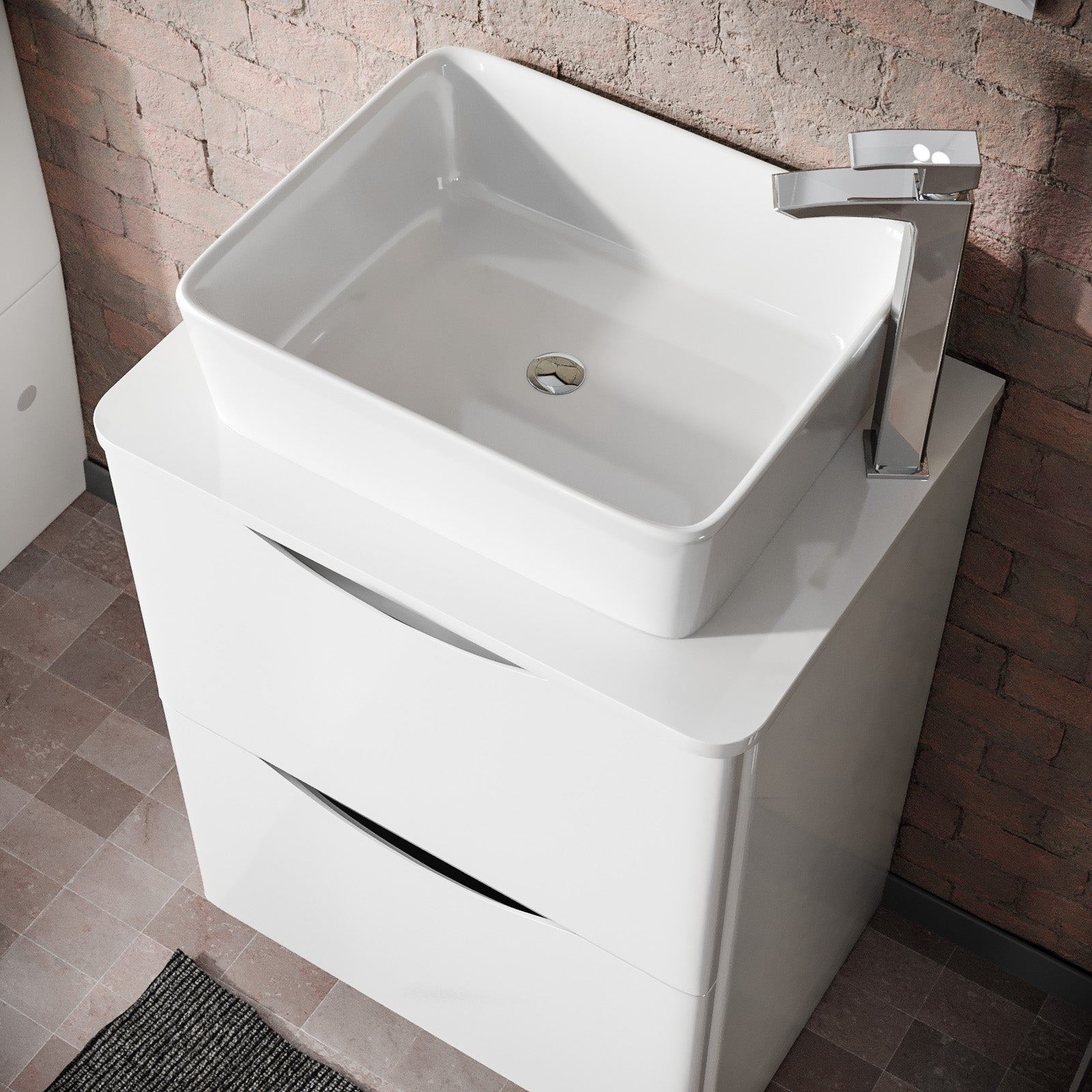 Merton White 600mm Bathroom Freestanding Vanity Unit With Square Ceramic Countertop 485mm Basin