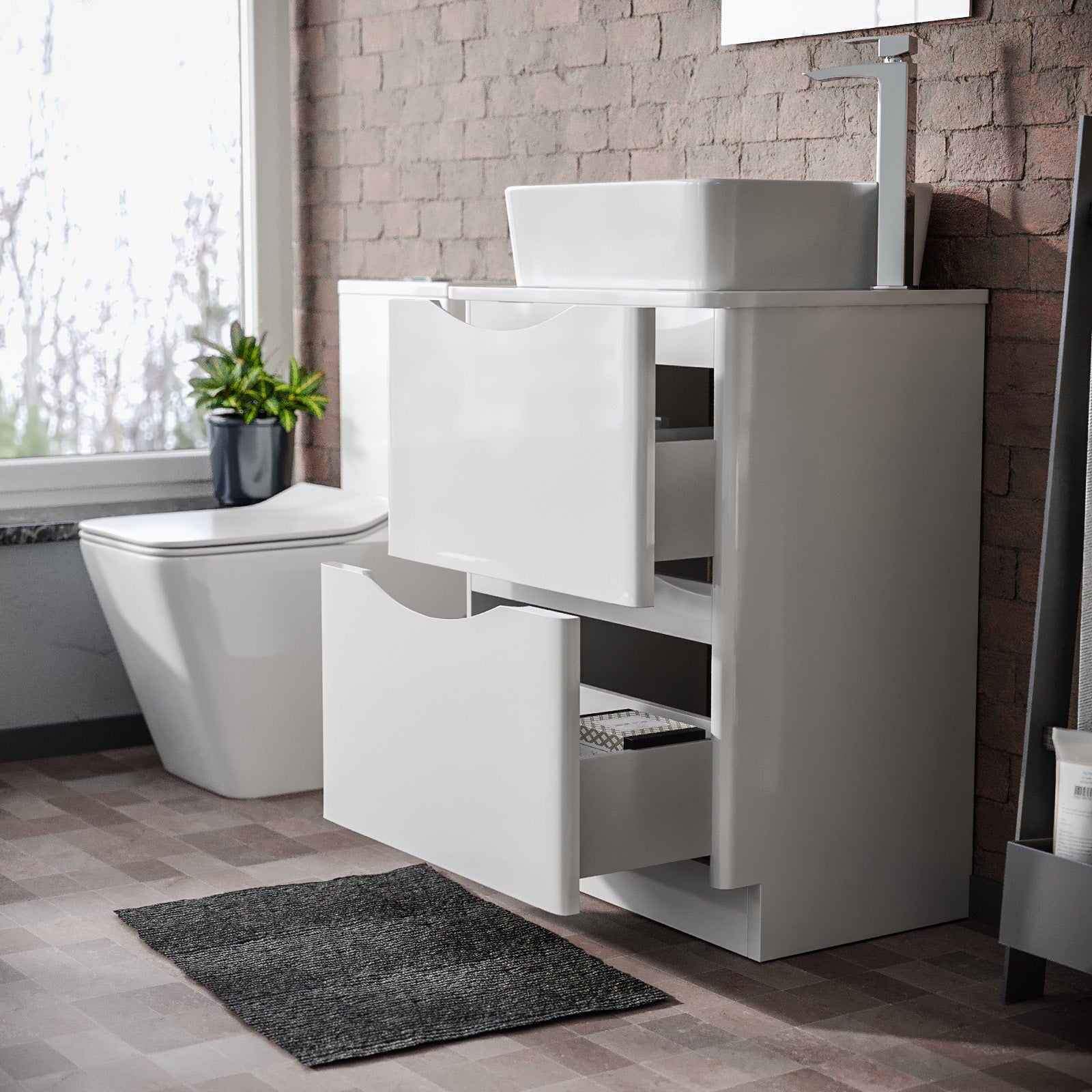 Merton White 600mm Bathroom Freestanding Vanity Unit With Square Ceramic Countertop 485mm Basin