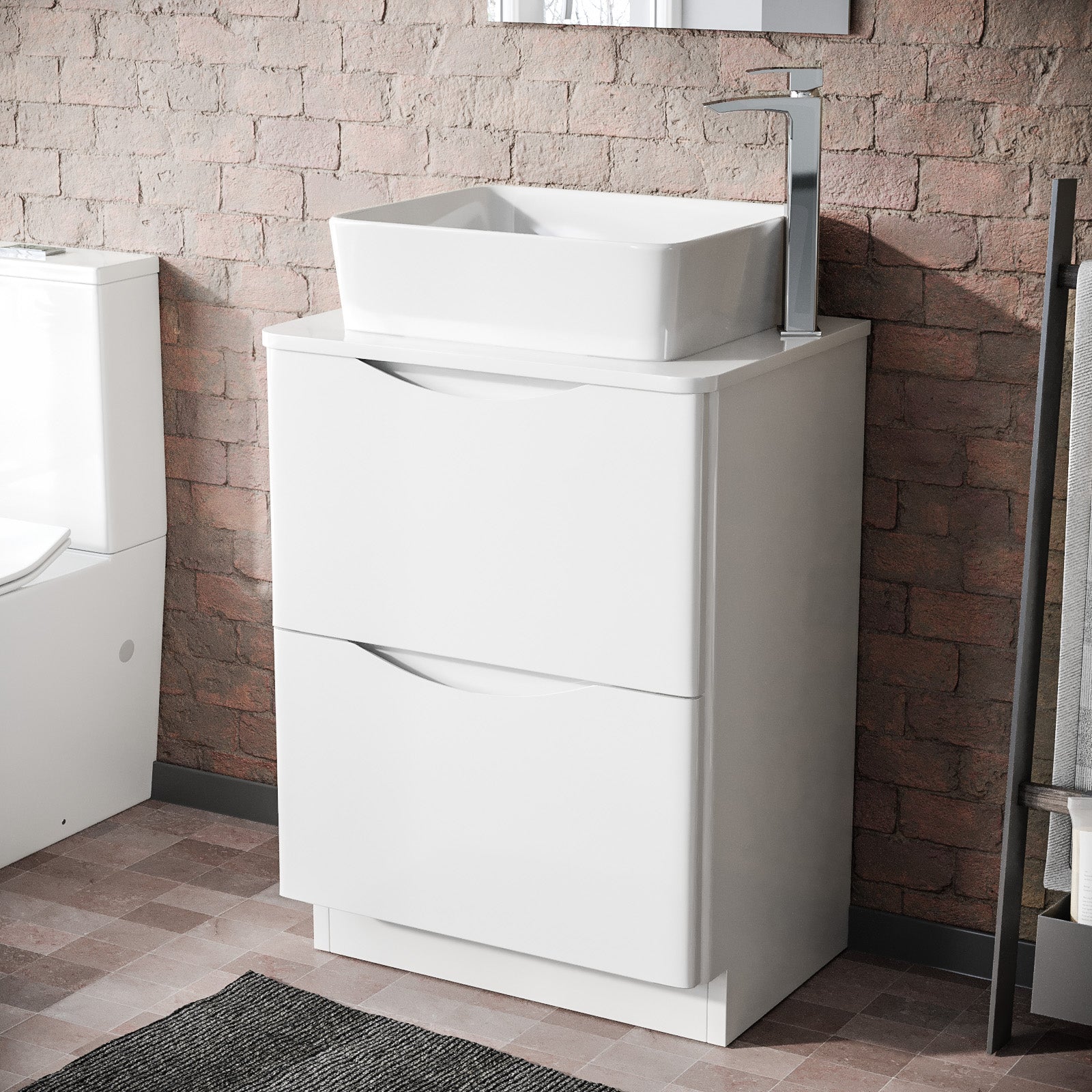 Merton White 600mm Bathroom Freestanding Vanity Unit With Square Ceramic Countertop 485mm Basin