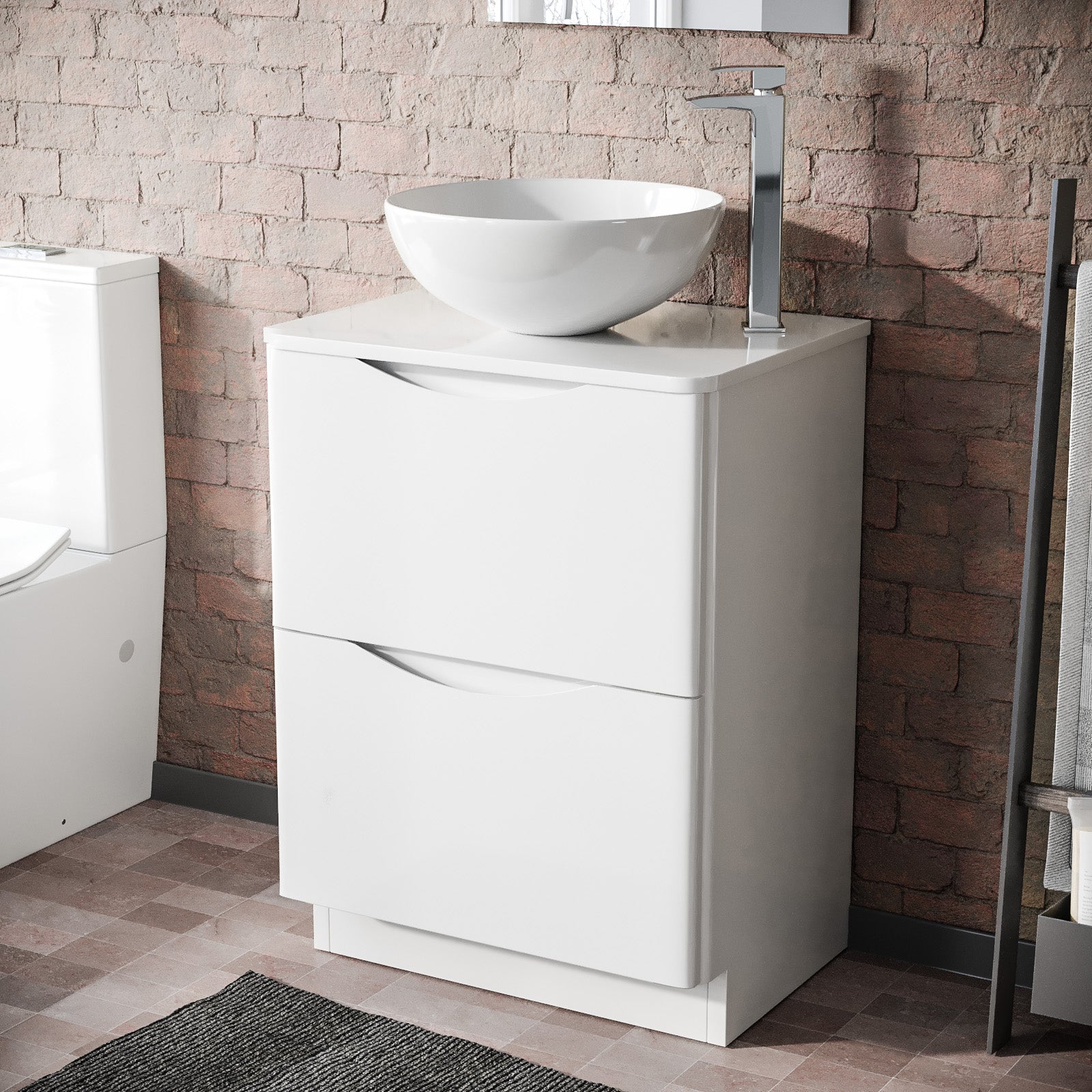 Merton White 600mm Bathroom Freestanding Vanity Unit With Round Ceramic Countertop 420mm Basin