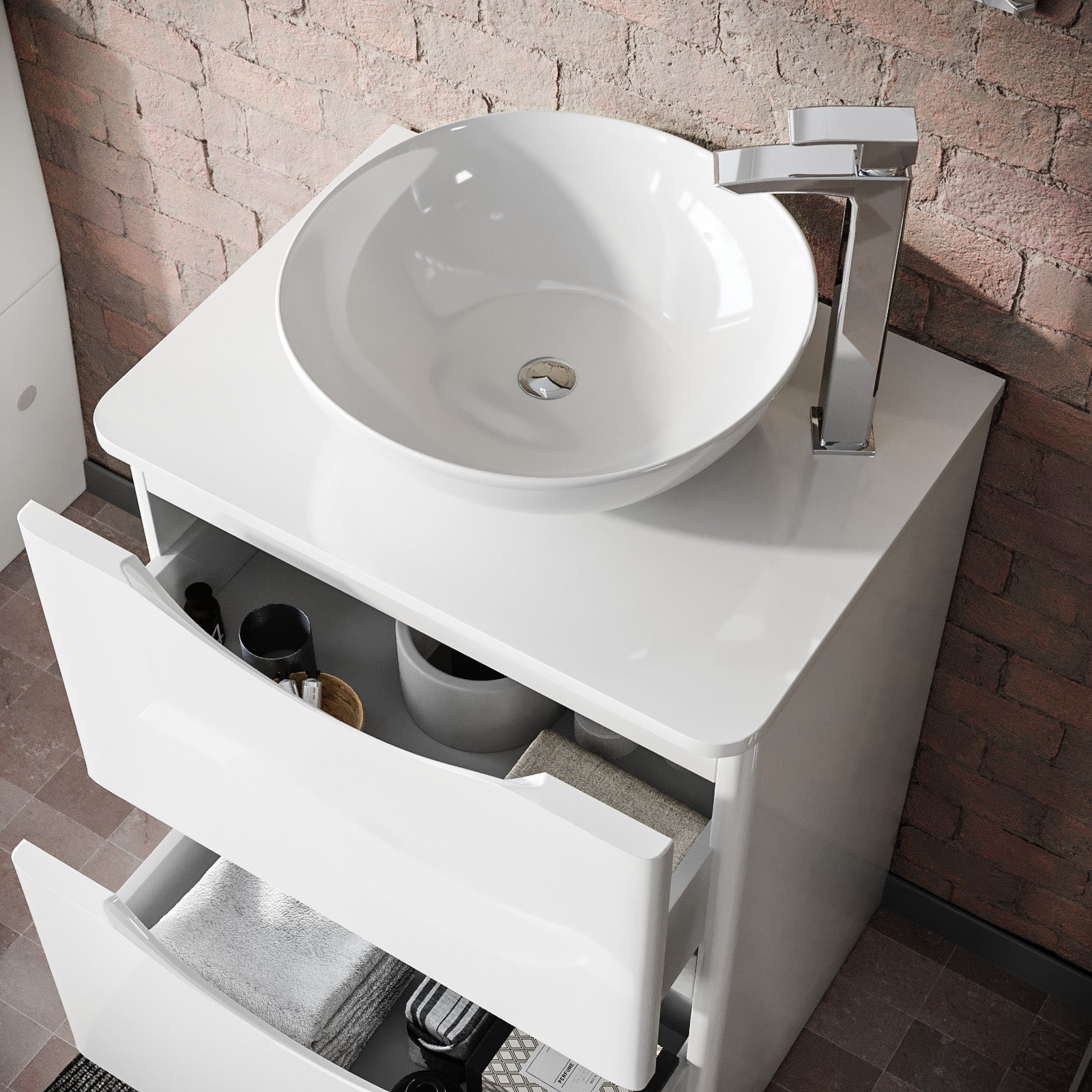 Merton White 600mm Bathroom Freestanding Vanity Unit With Round Ceramic Countertop 410mm Basin