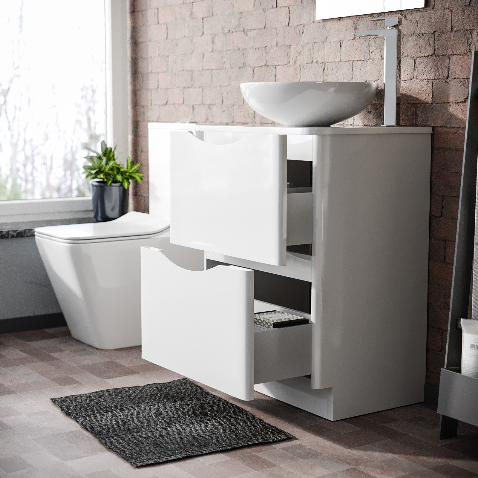 Merton White 600mm Bathroom Freestanding Vanity Unit With Round Ceramic Countertop 410mm Basin