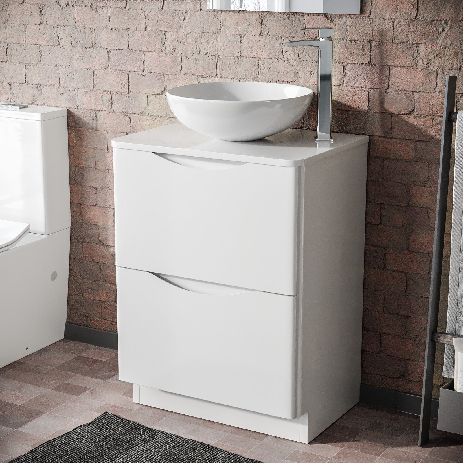 Merton White 600mm Bathroom Freestanding Vanity Unit With Round Ceramic Countertop 410mm Basin