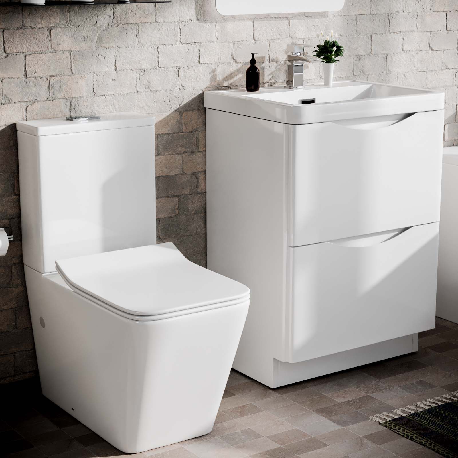 Merton 1700mm Bath, 600mm Vanity Basin Unit & Modern Rimless Toilet White