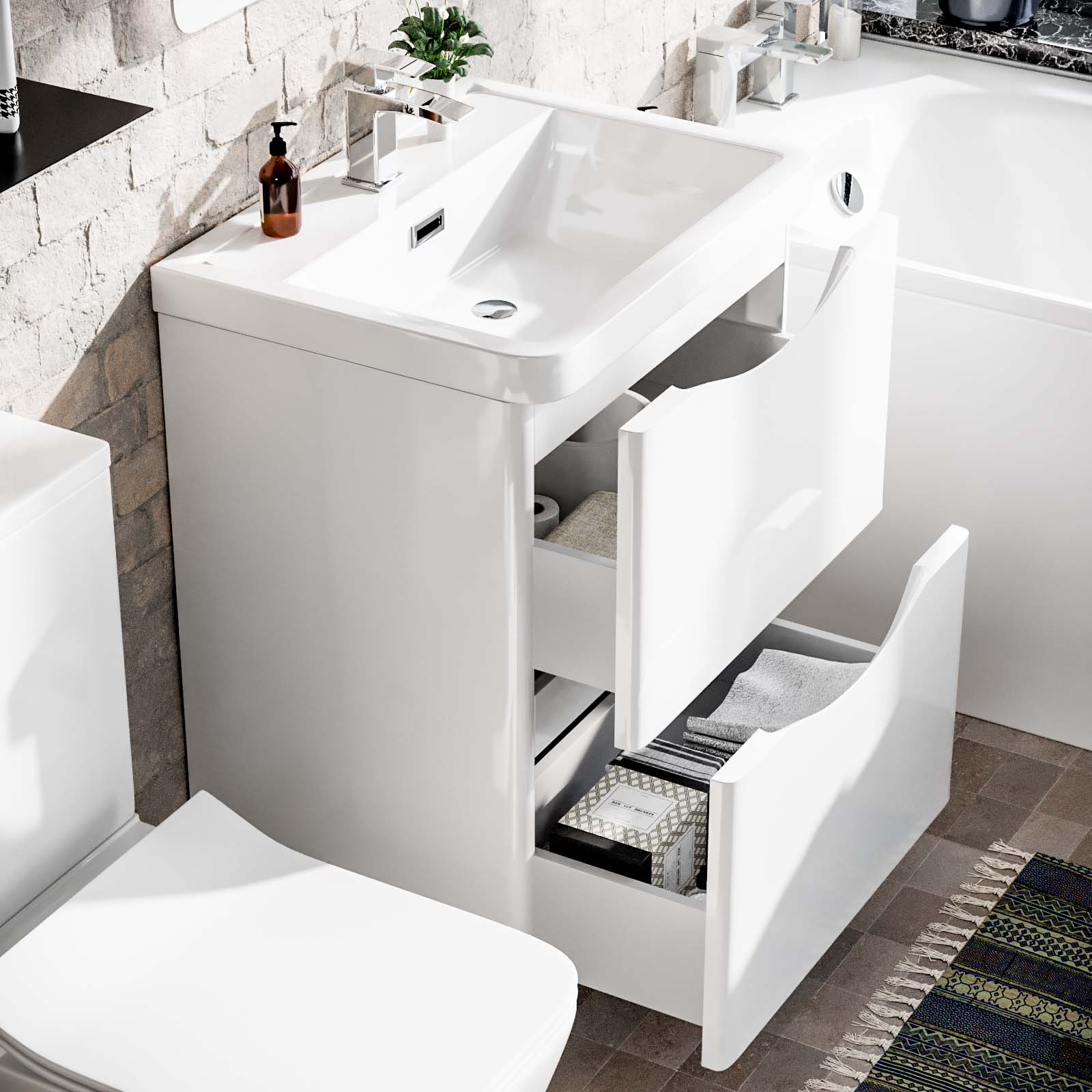 Merton 1700mm Bath, 600mm Vanity Basin Unit & Modern Rimless Toilet White