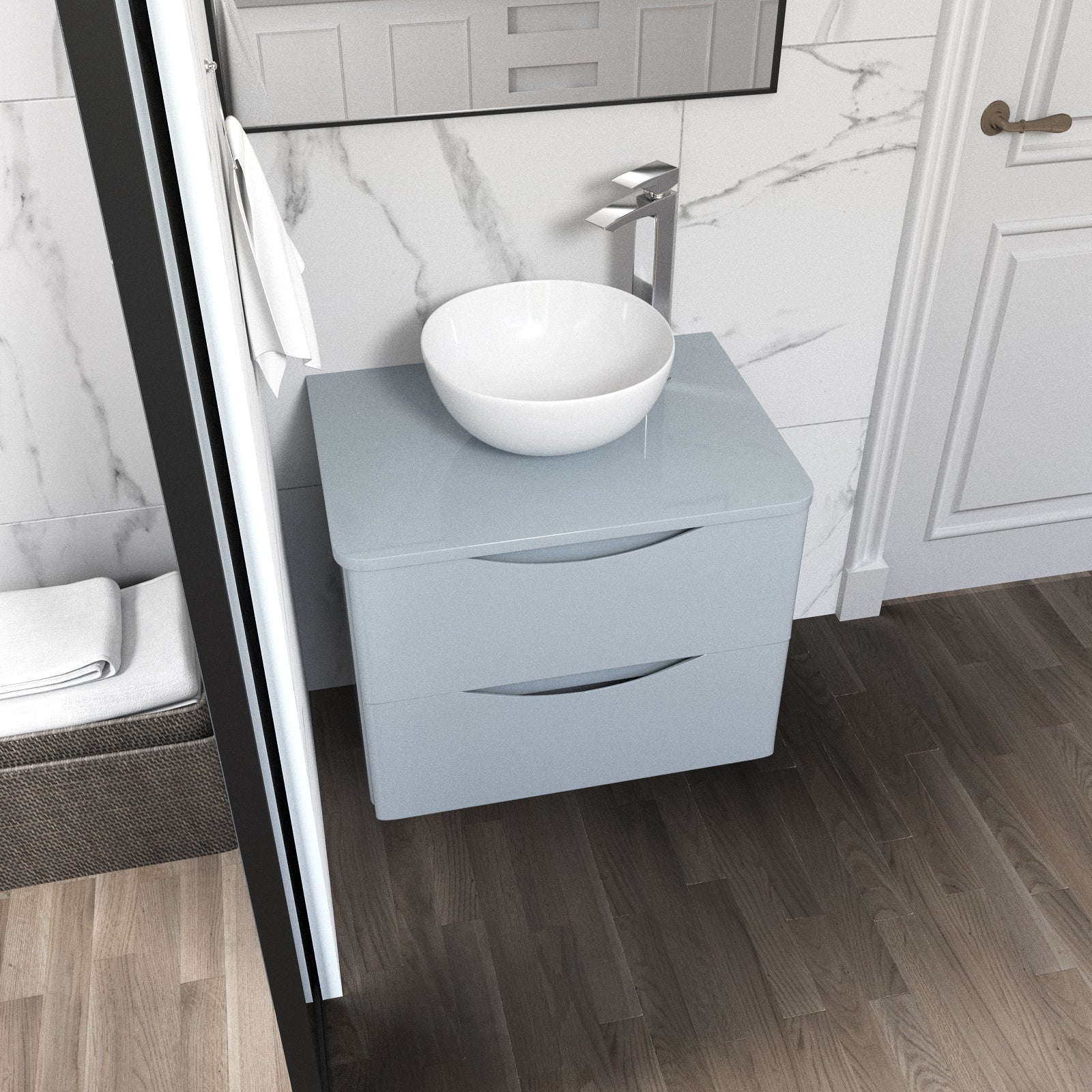 Merton Grey 600mm Bathroom Wall Hung Vanity Unit With Round Ceramic Countertop 320mm Basin