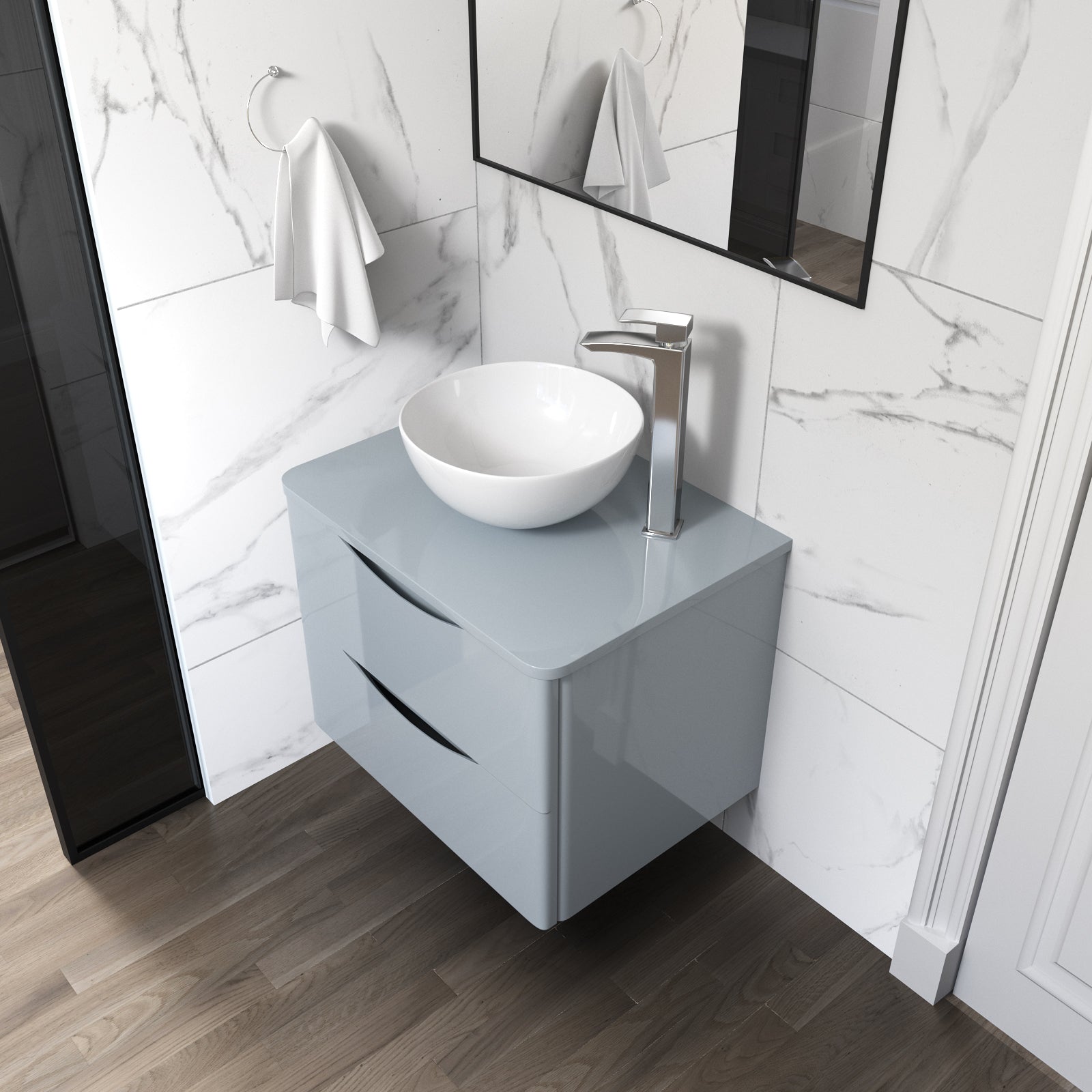 Merton Grey 600mm Bathroom Wall Hung Vanity Unit With Round Ceramic Countertop 320mm Basin