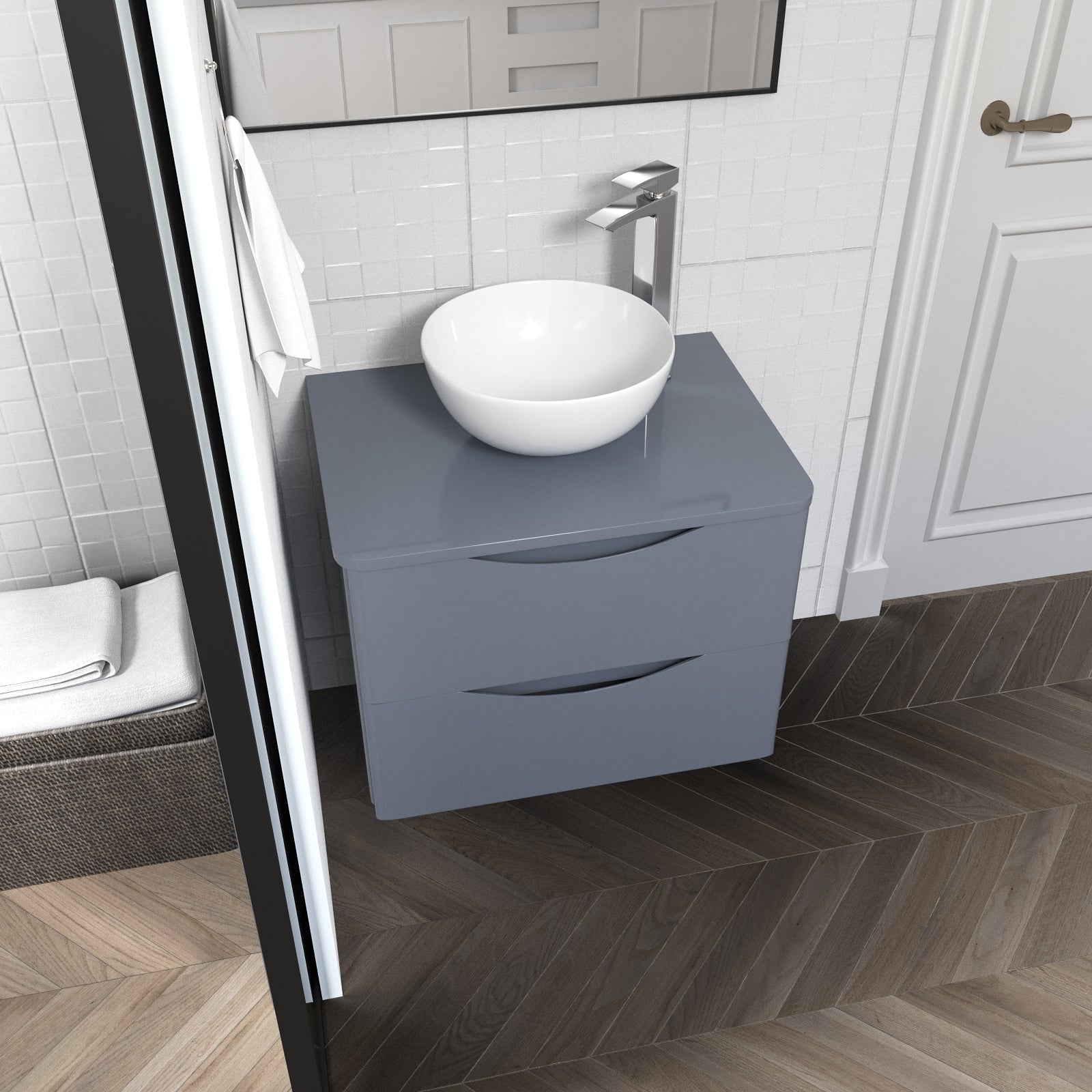 Merton Grey 600mm Bathroom Wall Hung Vanity Unit With Round Ceramic Countertop 320mm Basin