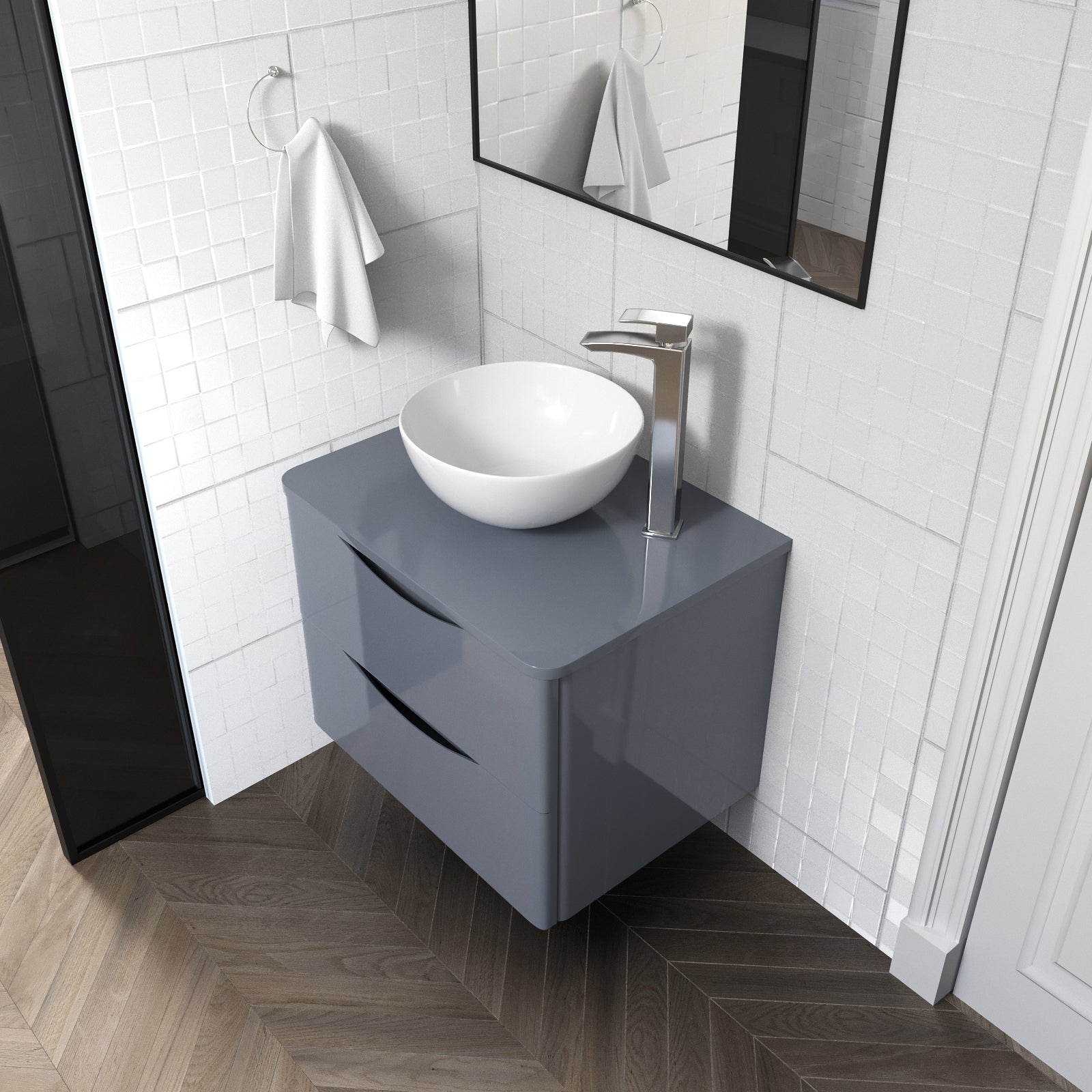 Merton Grey 600mm Bathroom Wall Hung Vanity Unit With Round Ceramic Countertop 320mm Basin