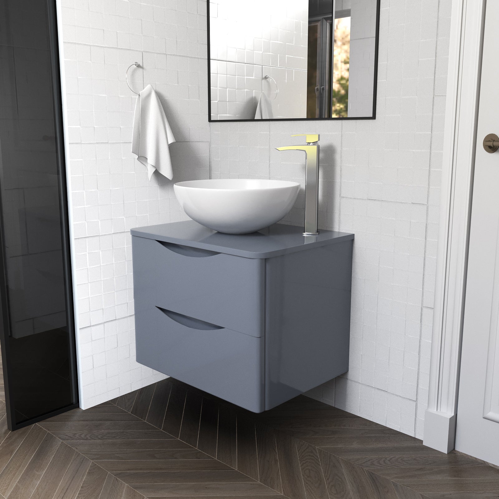 Merton Grey 600mm Bathroom Wall Hung Vanity Unit With Round Ceramic Countertop 420mm Basin