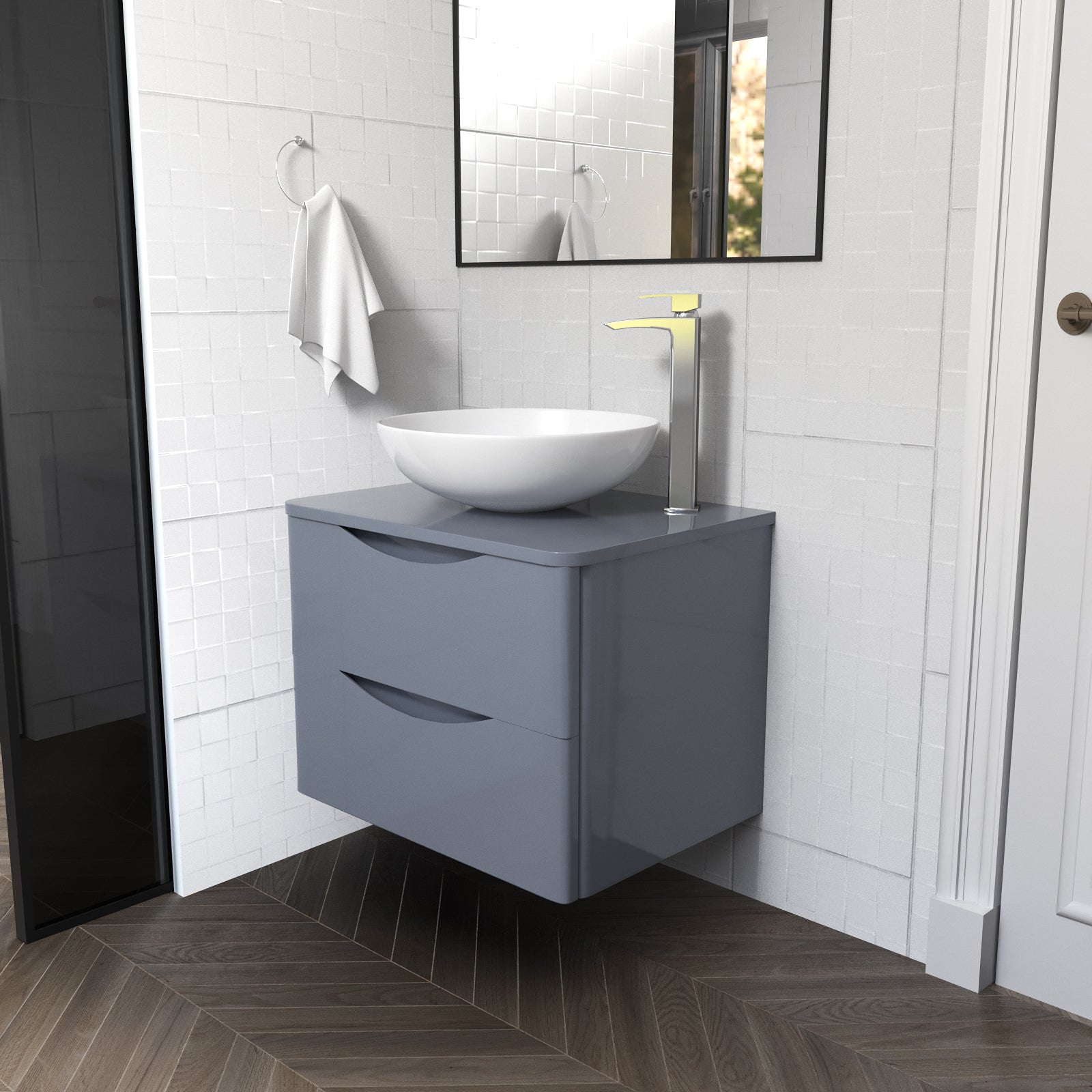 Merton Grey 600mm Bathroom Wall Hung Vanity Unit With Round Ceramic Countertop 410mm Basin