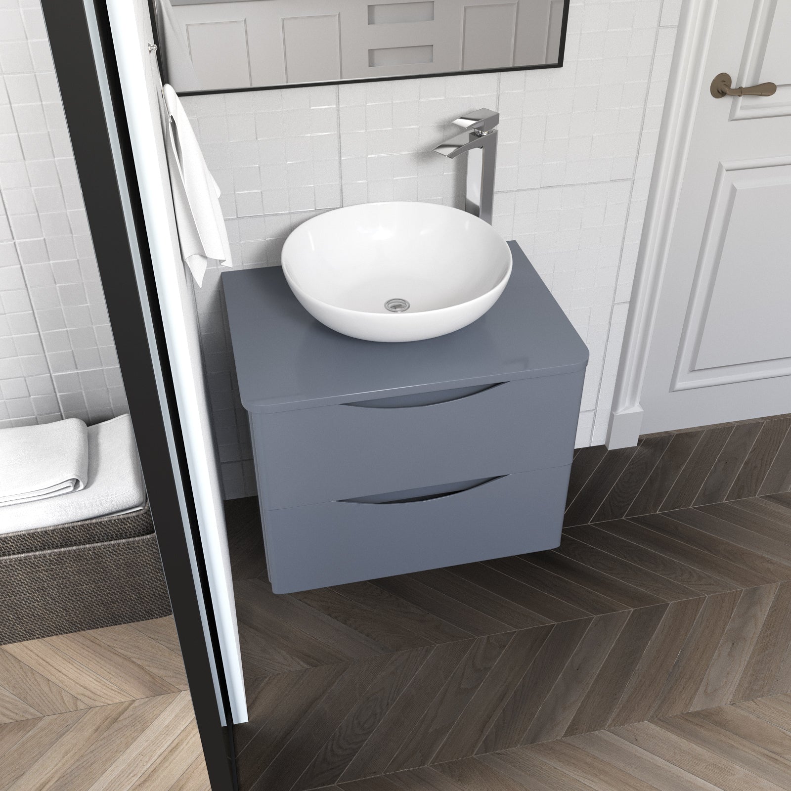 Merton Grey 600mm Bathroom Wall Hung Vanity Unit With Round Ceramic Countertop 410mm Basin