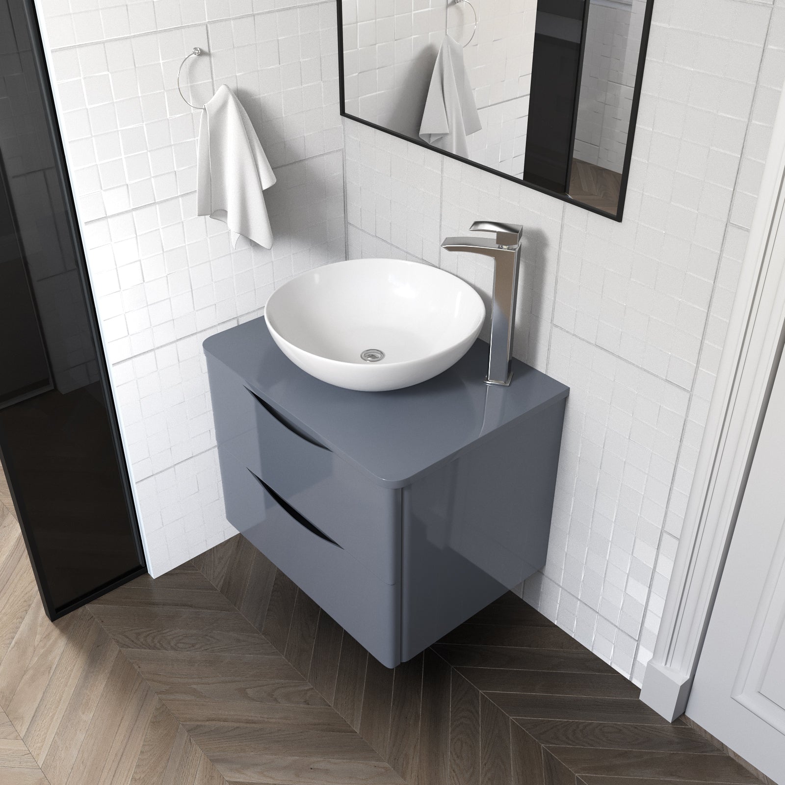 Merton Grey 600mm Bathroom Wall Hung Vanity Unit With Round Ceramic Countertop 410mm Basin