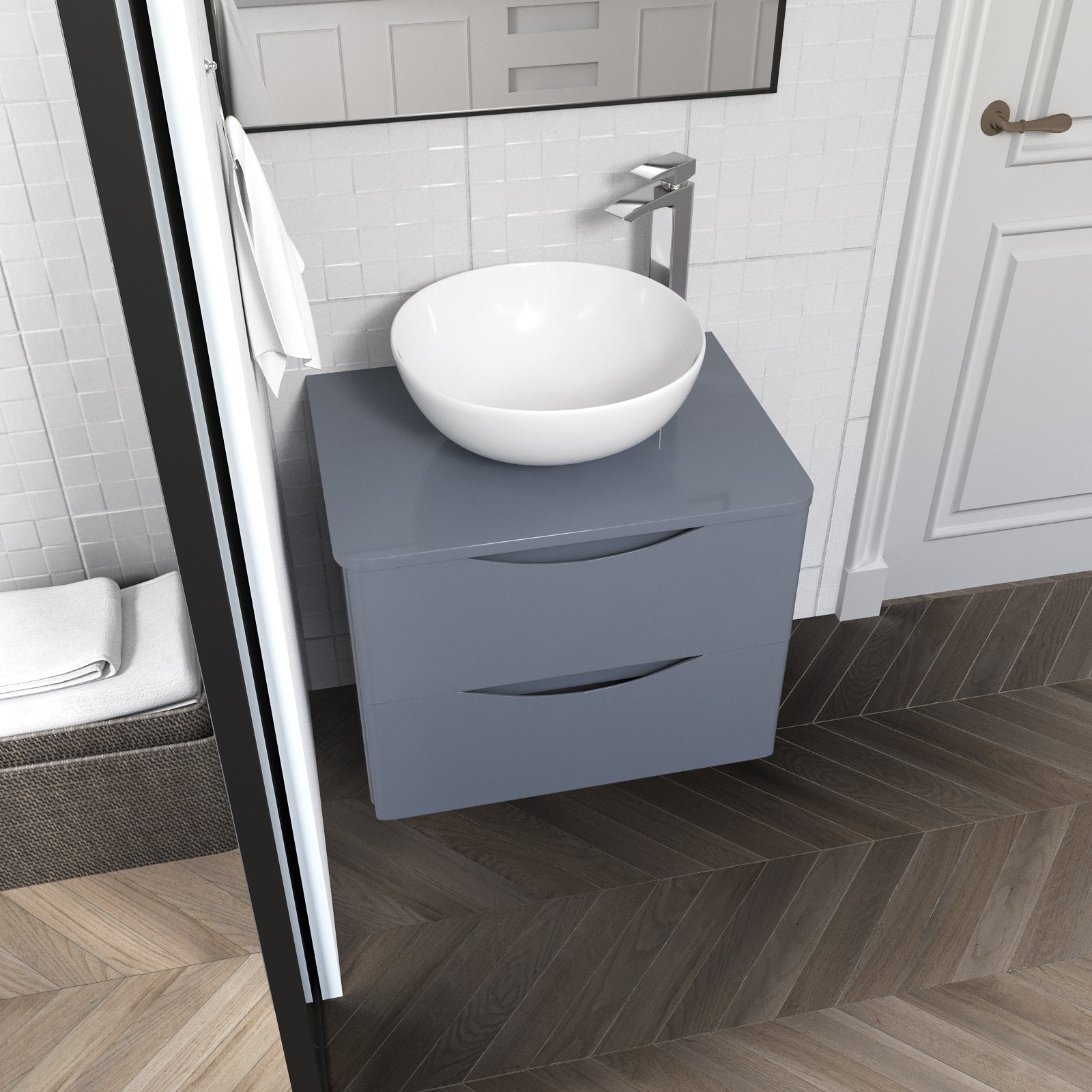 Merton Grey 600mm Bathroom Wall Hung Vanity Unit With Round Ceramic Countertop 420mm Basin