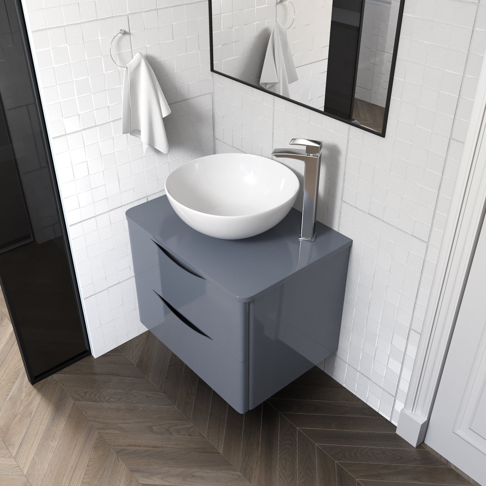 Merton Grey 600mm Bathroom Wall Hung Vanity Unit With Round Ceramic Countertop 420mm Basin