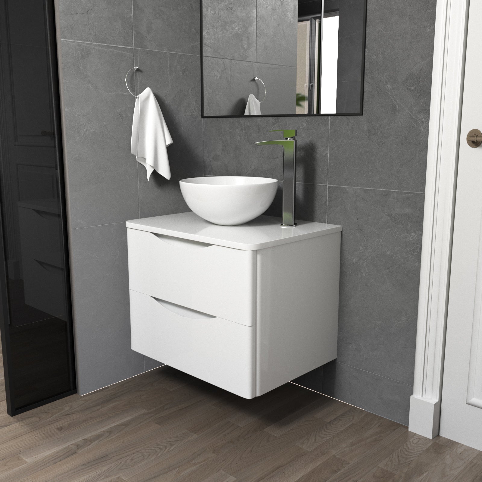 Merton White 600mm Bathroom Wall Hung Vanity Unit With Round Ceramic Countertop 320mm Basin