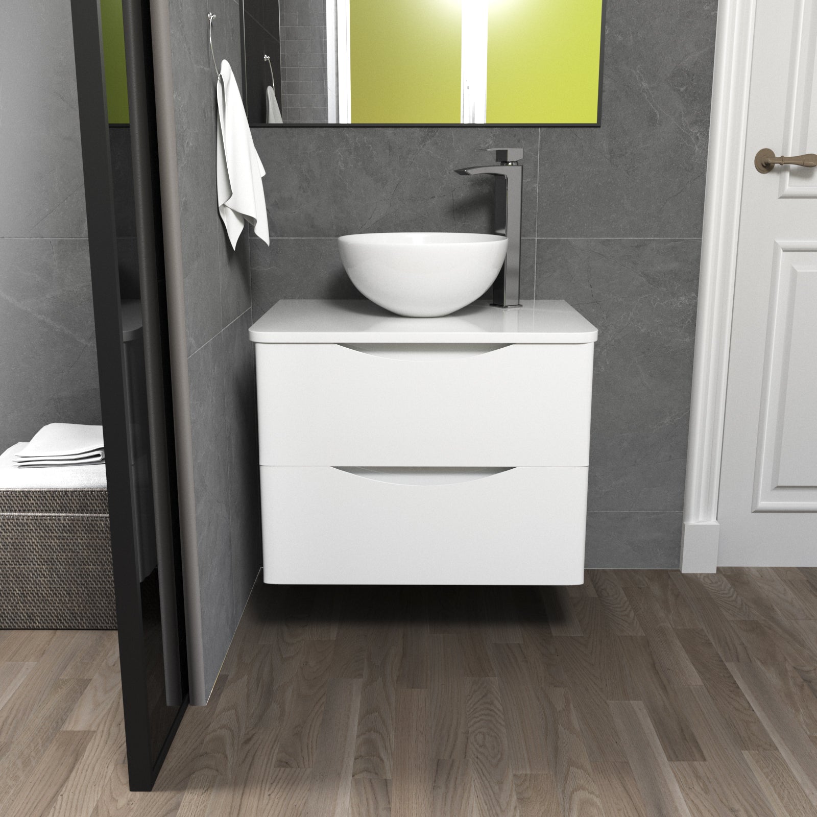 Merton White 600mm Bathroom Wall Hung Vanity Unit With Round Ceramic Countertop 320mm Basin